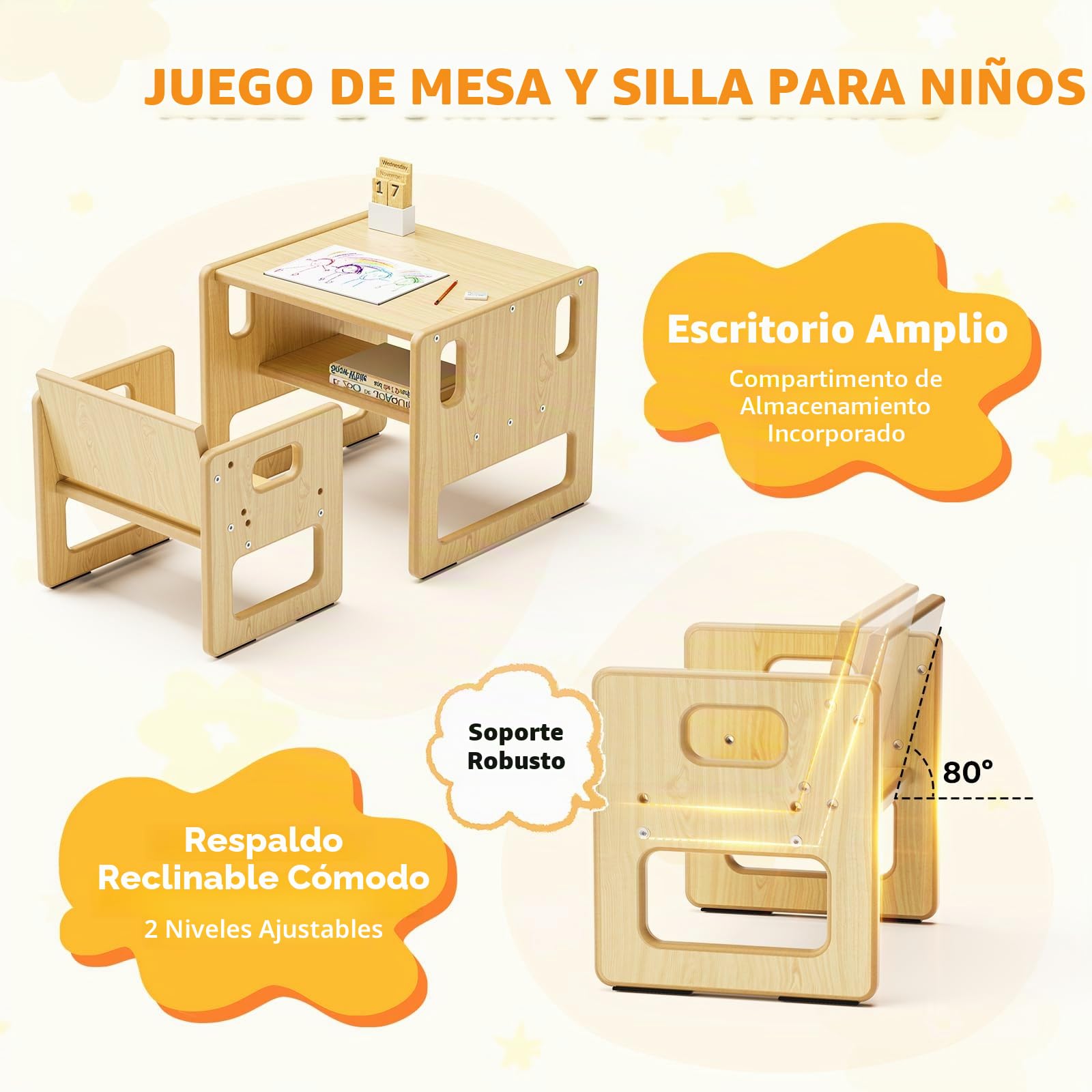 Mesa y Silla para Niños, Mesa de Madera Montessori con Almacenamiento, Adecuada para Niños para Leer, Jugar, Comer