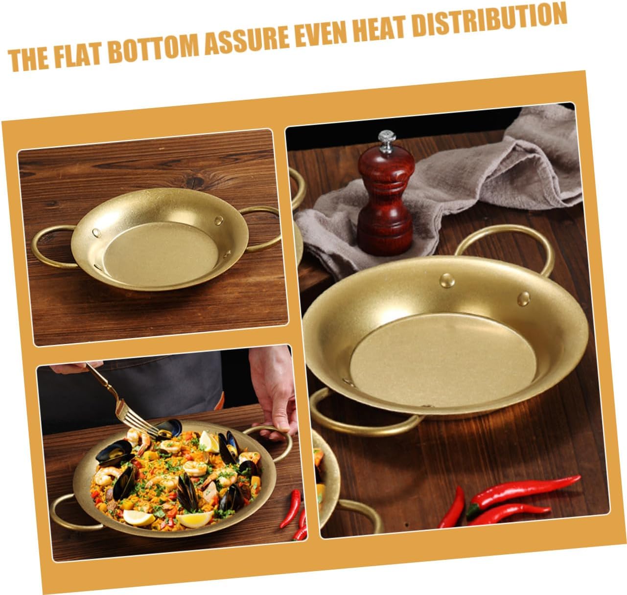 Stainless Steel Paella Pan 20.5cm Vintage Gold Double Handle Spanish Seafood Skillet Serving Platter for Home and Restaurant Cooking