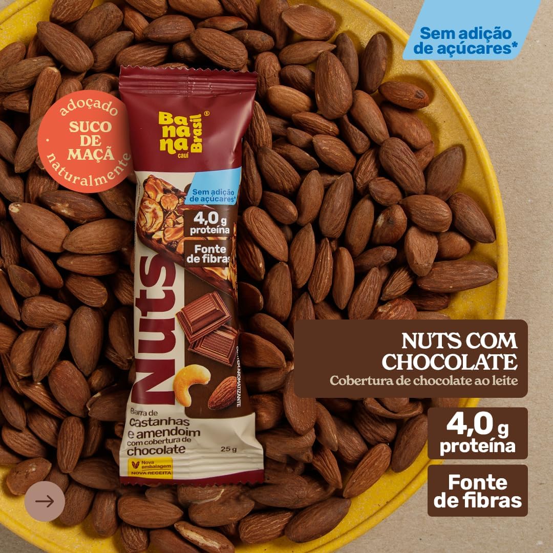 Banana Brasil Barra De Castanhas Amendoim Com Cobertura De Chocolate Com 12 Unidades De 25G