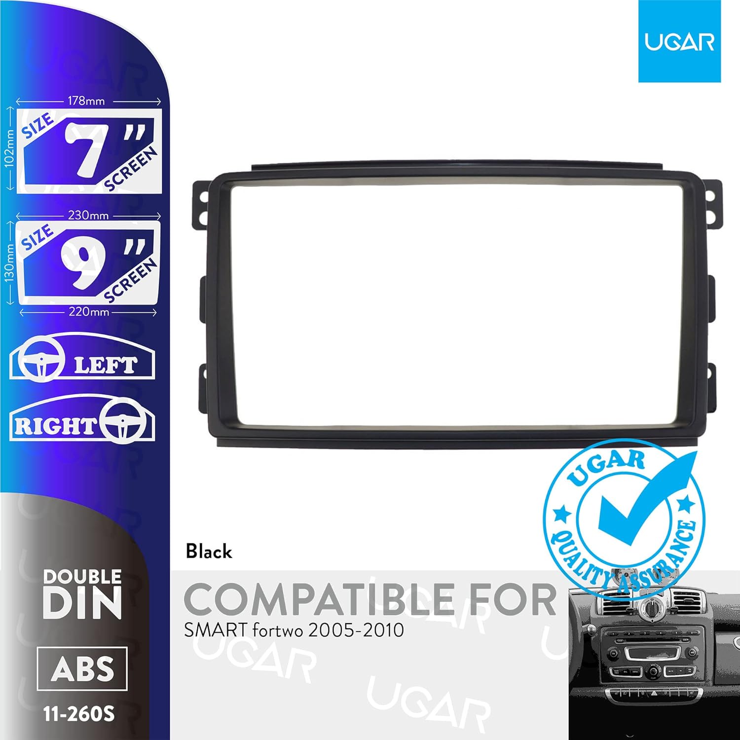 UGAR 7 inch / 9 inch Compatible for Smart fortwo 2005-2010 Radio Stereo Dash Installation Mount Kit