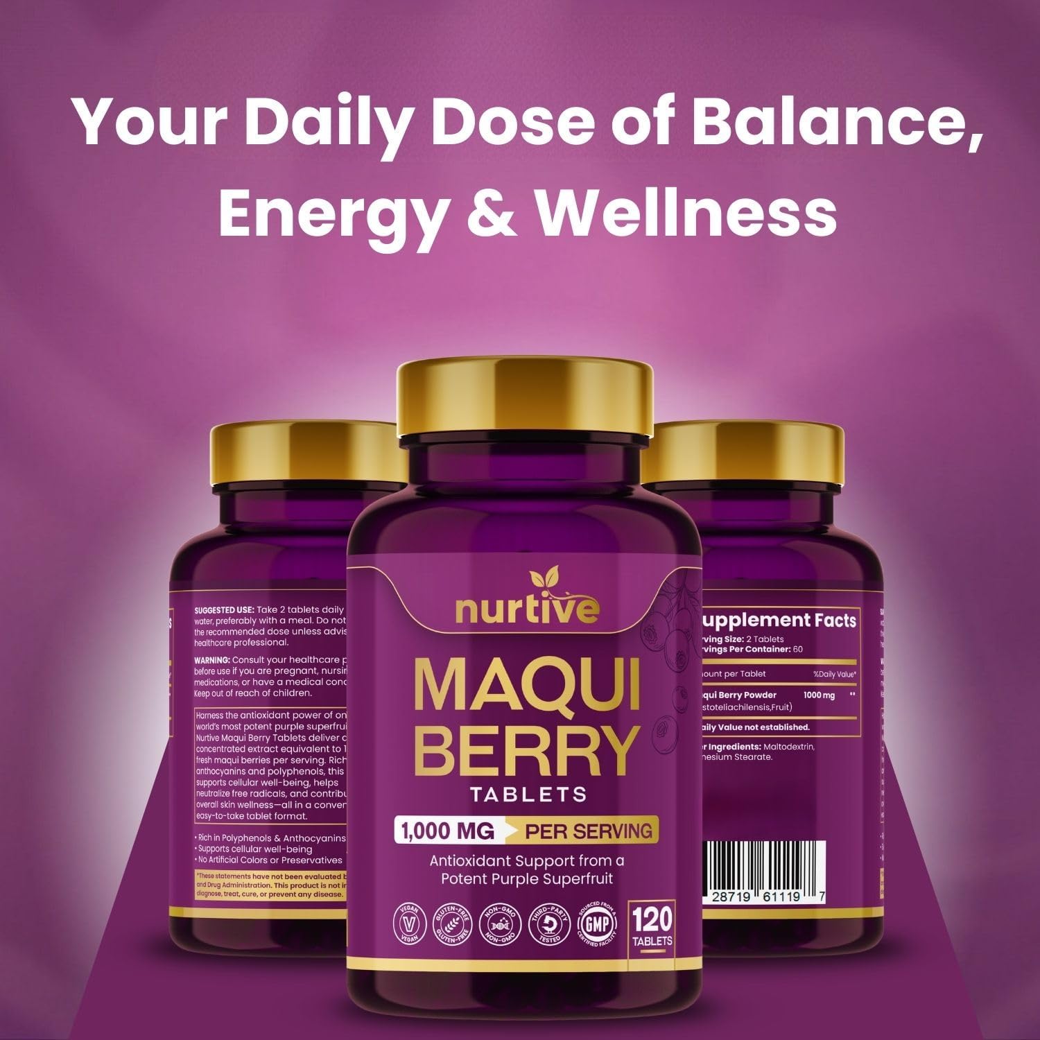 Maqui Berry Tablets, 1000 mg/Daily Serving (1 Serving/Day), 120 Tablets – 10:1 Concentrated Extract (10 g Fresh Berry Equivalent) – 2 Tablets/Day 2-Month Supply – Vegan, Gluten-Free, Non-GMO - Image 4