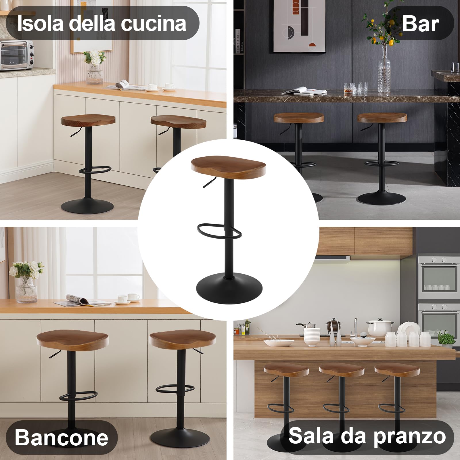 WOLTU Sgabello Cucina, Regolabile, Legno Massiccio, Marrone | Sgabello Bar a Sella, Altezza Regolabile 60-81cm, Girevoli a 360°, con Poggiapiedi, per Colazione, penisola cucina
