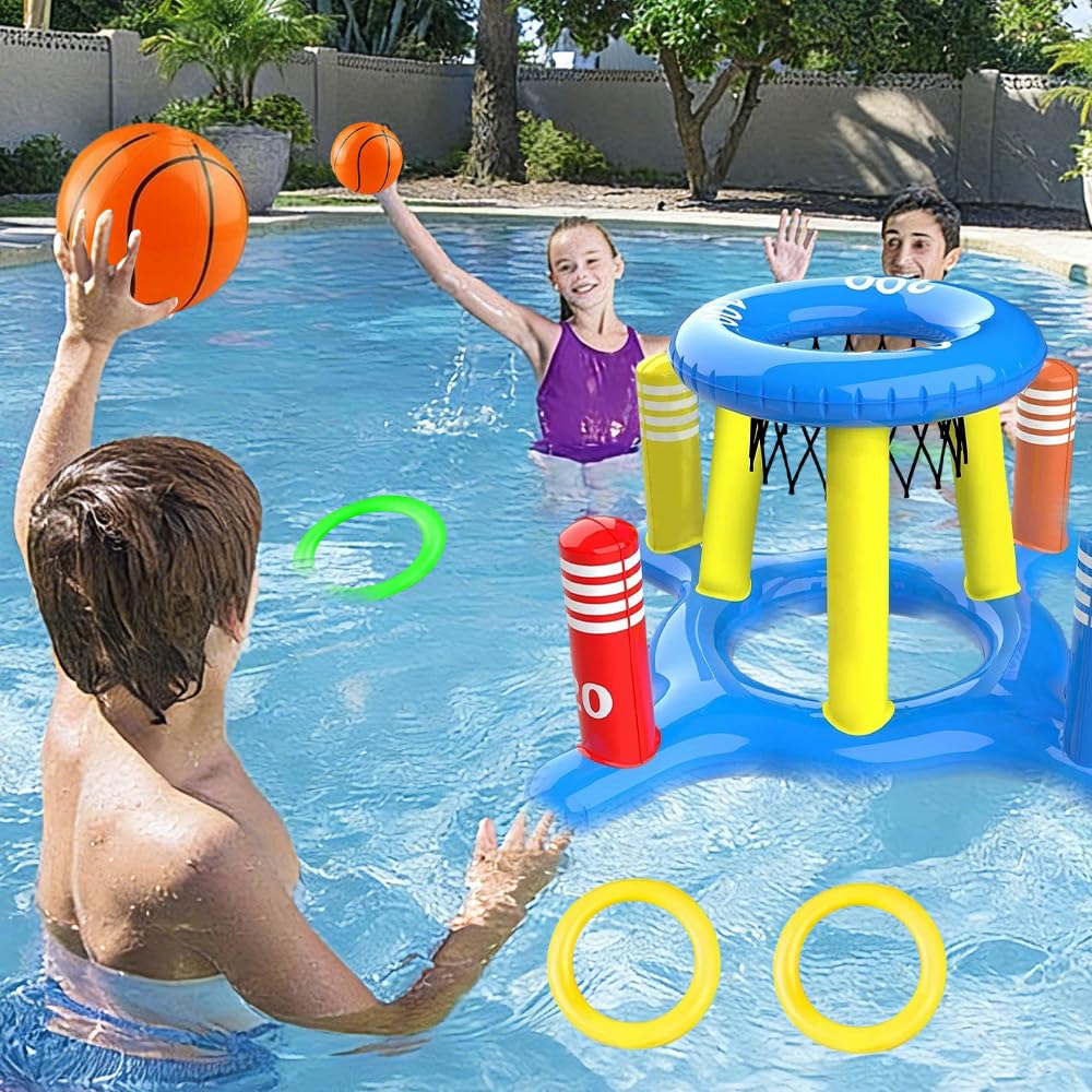 Canestro gonfiabile per piscina con gioco di lancio ad anelli, set galleggiante gonfiabile, giocattolo acquatico, cestino da basket galleggiante con 2 palline e 8 anelli di lancio, gioco in