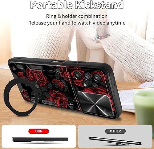 Vista 203 de Funda para Samsung Galaxy A13 5G con cubierta deslizante para lente de cámara y anillo giratorio de 360 grados, soporte híbrido de doble capa Flores