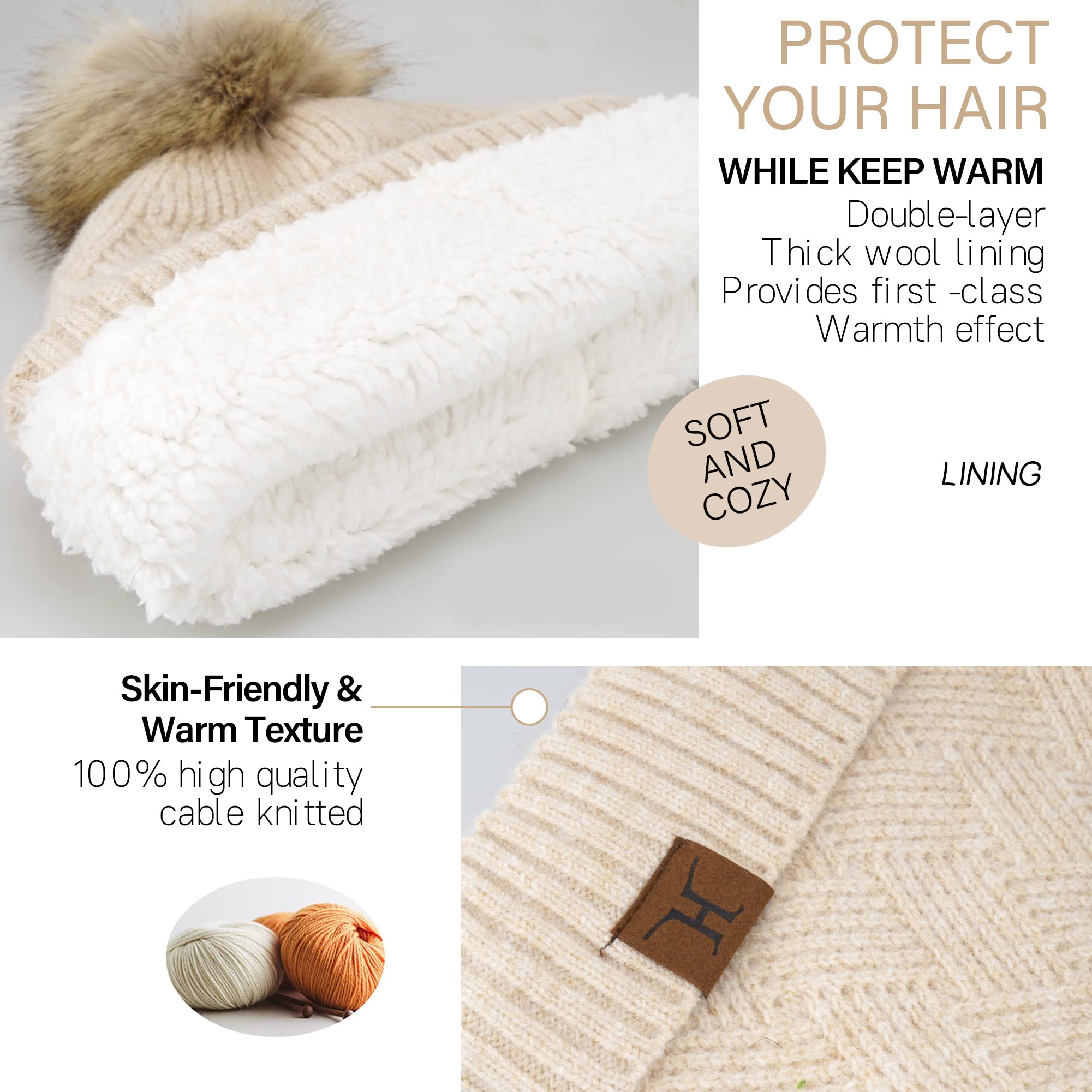 Femmes Hiver Chaud Bonnet Pompon Longue Echarpe Gants Tactiles Ensemble Tricot avec Doublure Polaire Thermique Cadeaux Noel Femme