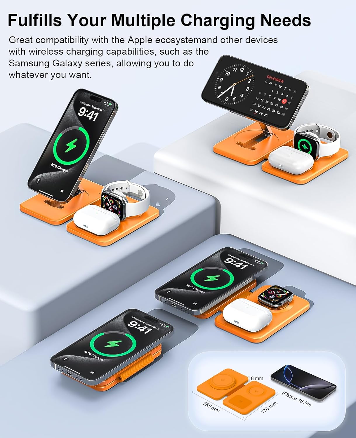 3 in 1 Magnetic Wireless Charger for Apple Multiple Devices, Foldable Fast Charging Station - Magsafe Charger Stand, Travel Charger Pad for iPhone 17 16 15 14 13 12 Series/Apple Watch/AirPods Orange