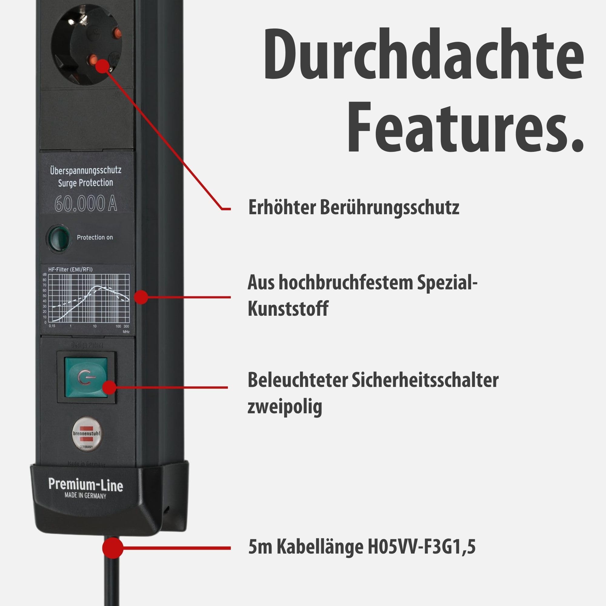 Brennenstuhl Premium-Line Steckdosenleiste 6-Fach mit Überspannungsschutz | Bis zu 60.000 A, Mehrfachsteckdose mit Schalter und 5m Kabel, Steckdosenleiste Wandmontage, Made in Germany, schwarz