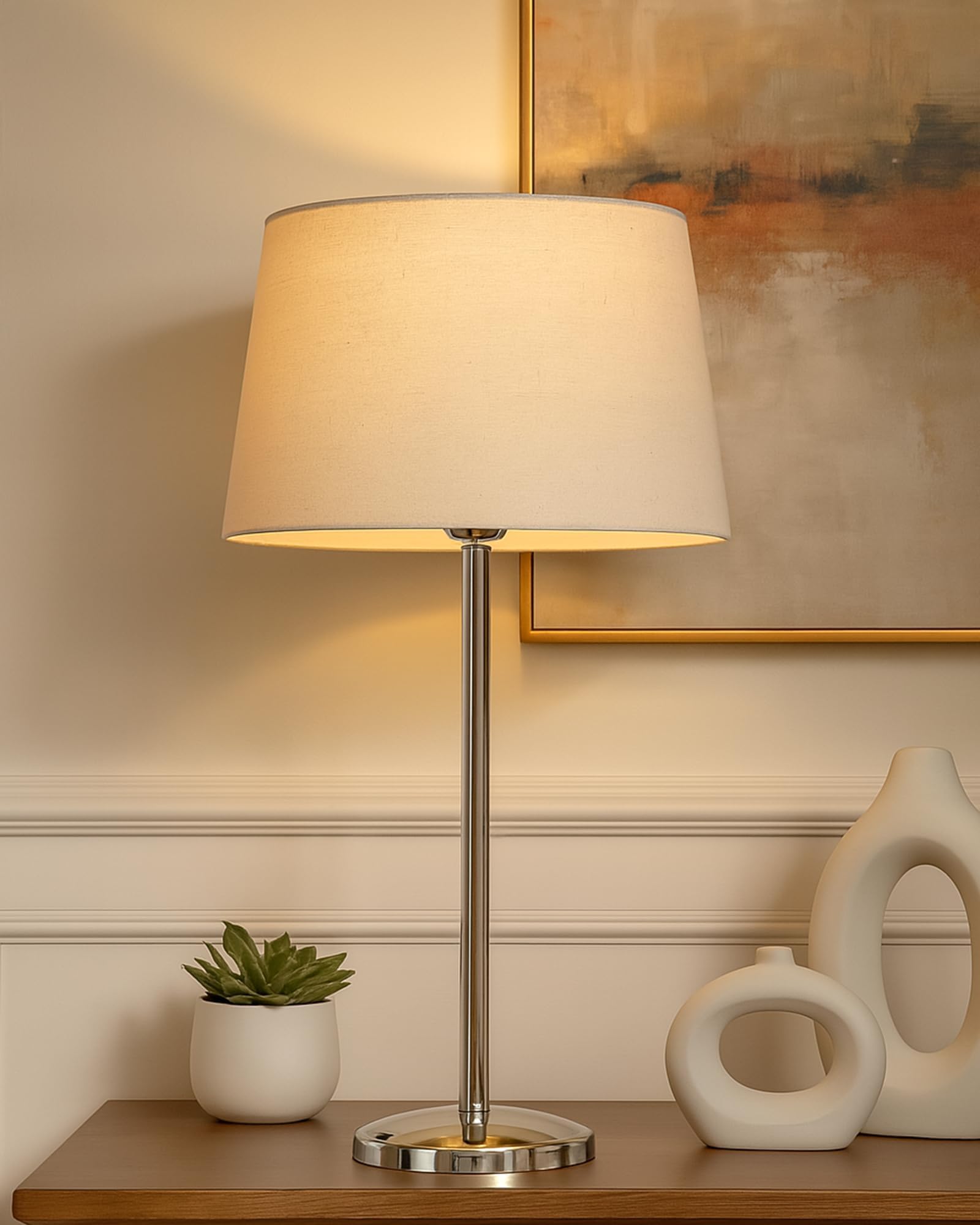 Homesake® Sleek Chrome Metal Base Table Lamp, Lamp for Living Room Decoration, Lamps for Bedroom, Home Decoration Items, Bedside Night Lamp, for Study and Office Desk Light, Khadi Drum Shade