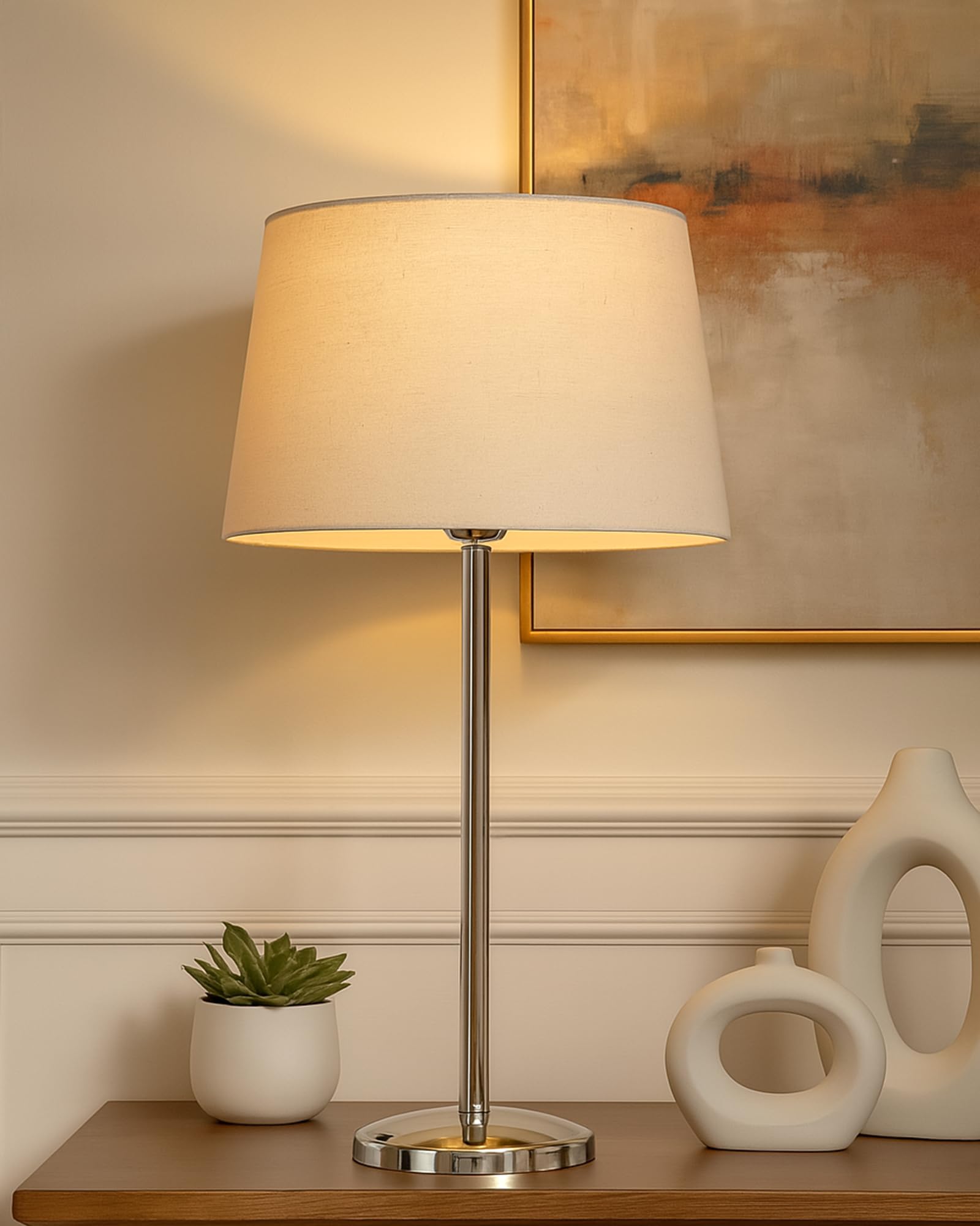 Homesake Stainless Steel Gray Chrome 16" Basic Incandescent Table Lamp with Fabric Shade, Bedside Light, (Beige)