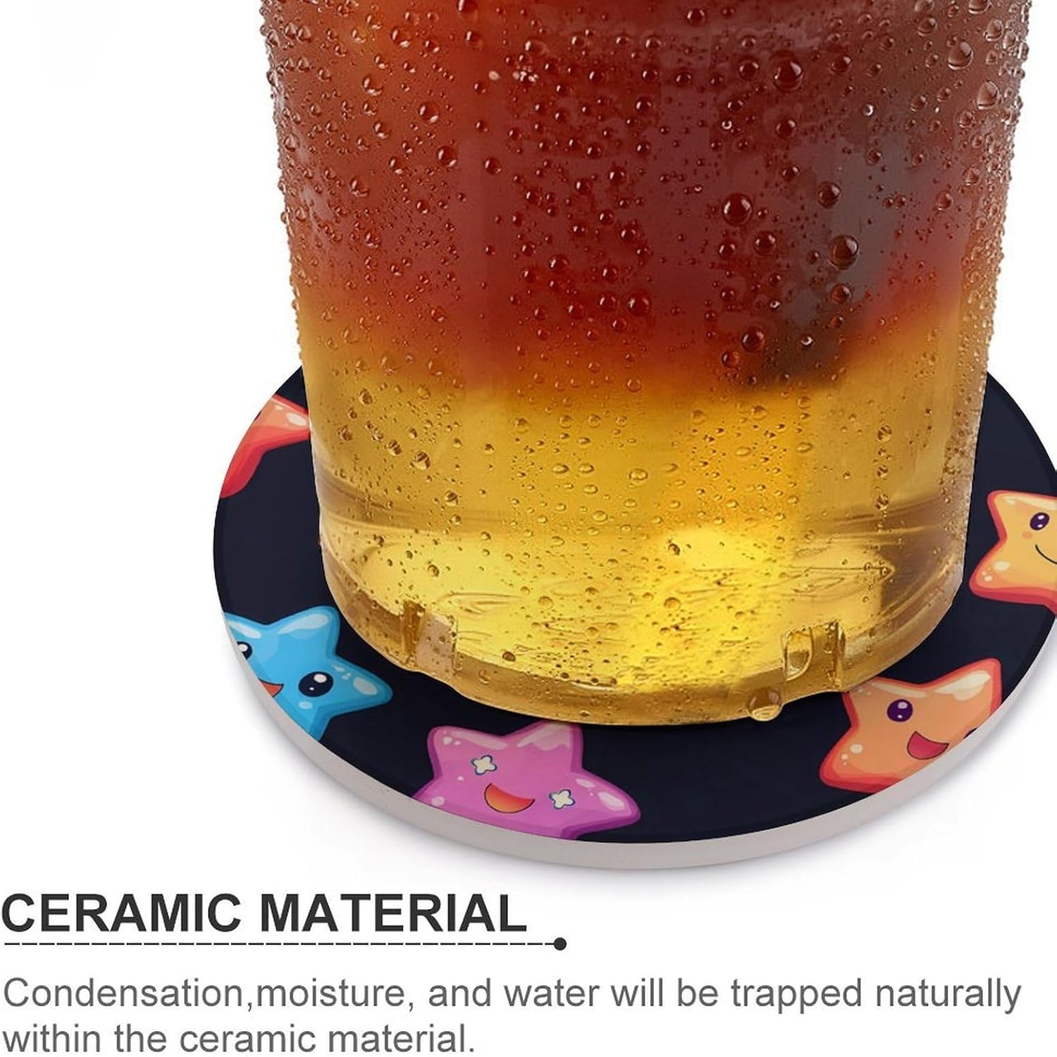Colorful Stars Coasters for Drink Round Ceramic Coaster with Cork Base Home Decorative 4PCS