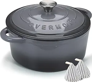 Overmont Enameled Cast Iron Dutch Oven - 5.5QT Pot with Lid Cookbook & Cotton Potholders - Heavy-Duty Cookware for Braising, Stews, Roasting, Bread Baking grey