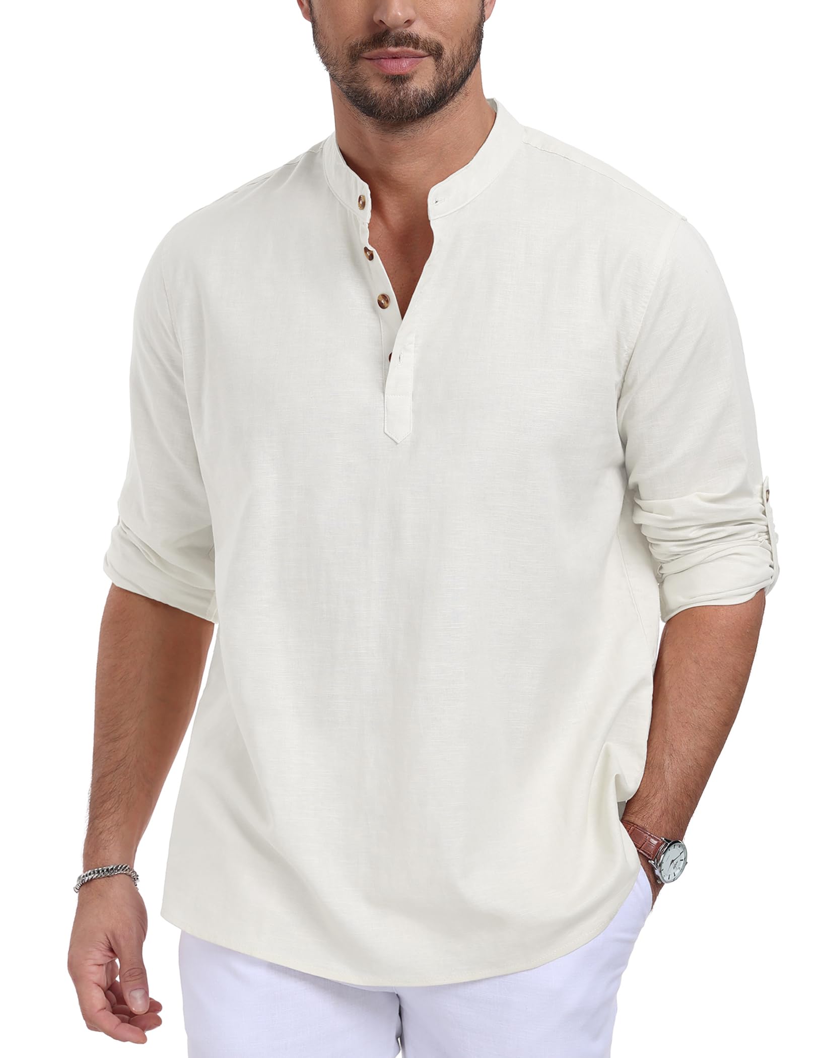QUEZHU Camisa de Lino Algodón Hombre Manga Larga Camisas de Verano Cuello Mao Casual con Botónes Top Henley Camisa