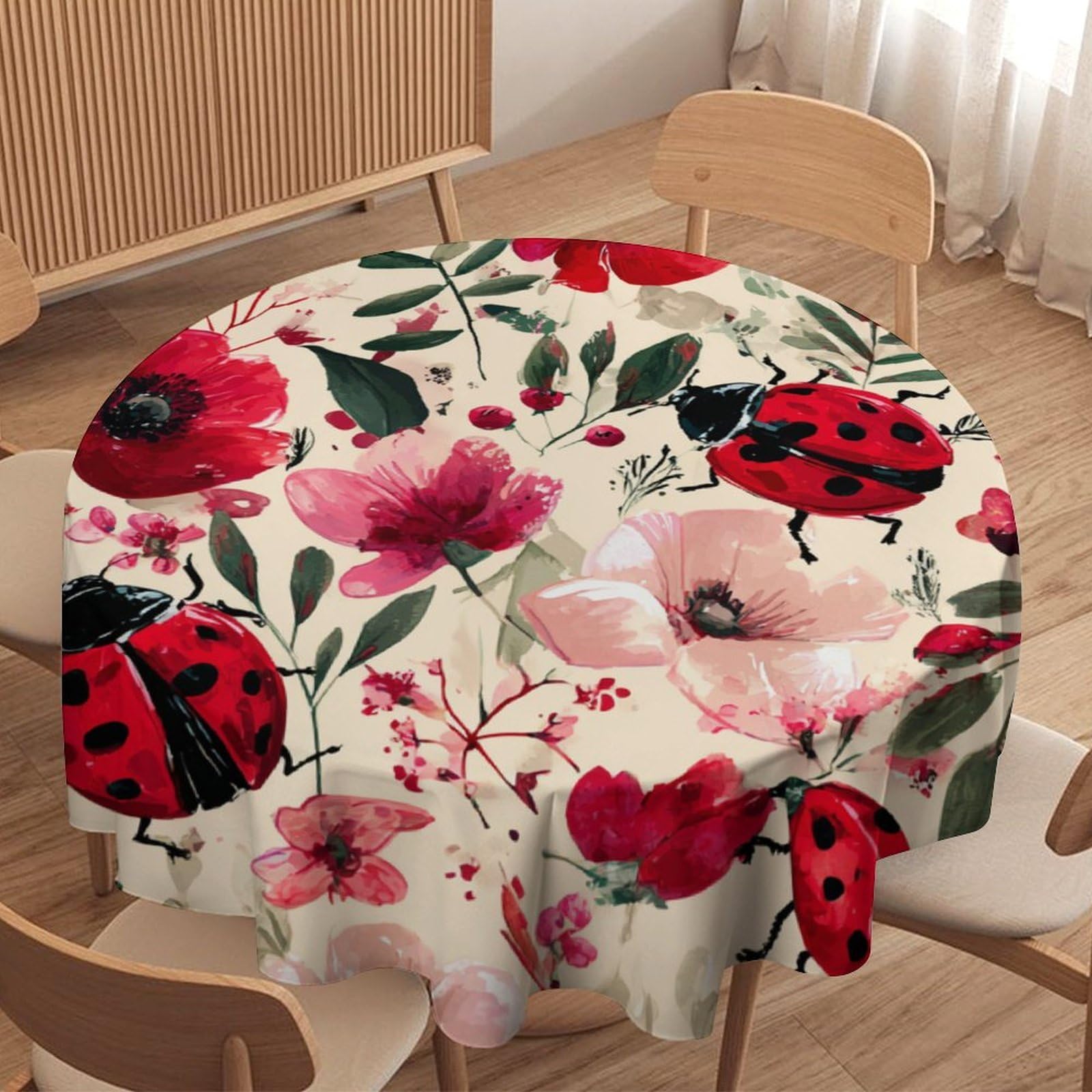 LUYYSKY Rustic Cartoon Cute Ladybug Waterproof Round Tablecloth Colorful Oil Painting Floral Garden Ladybug Pattern Washable Table Cover for Kitchen-127 Wx127 L cm