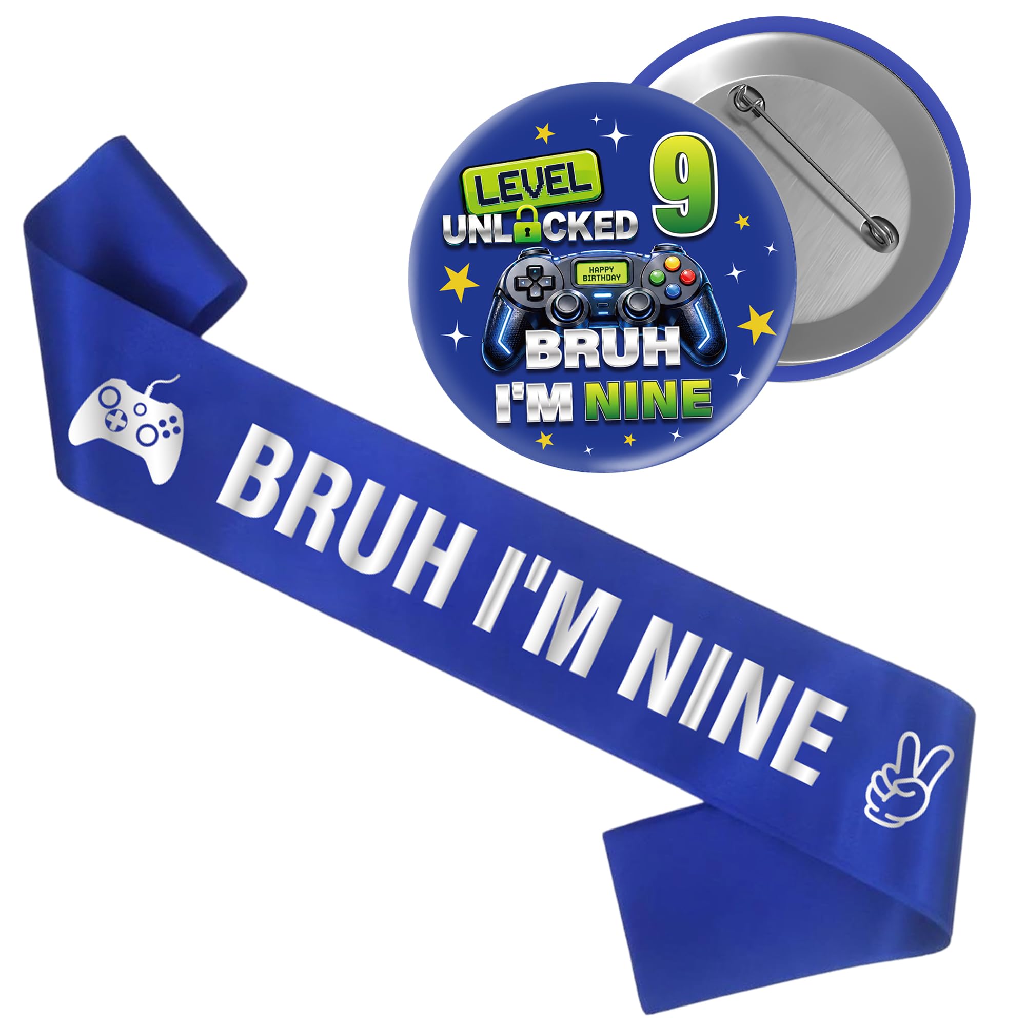 Gaming 9th Birthday Sash Badge - 2 Pcs Blue 9 Game Themed Birthday Gifts