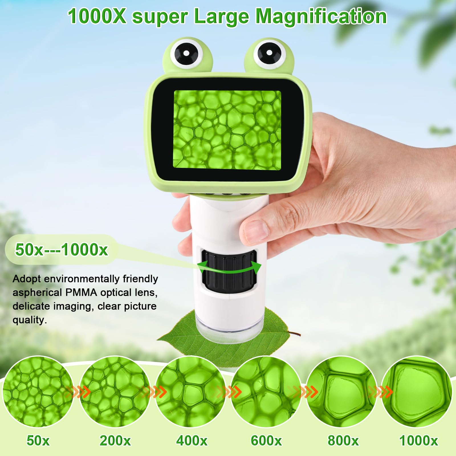 GuKKK Microscopio para Niños, Microscopio IPS de 2.0 Pulgadas,Minimicroscopio 1000X USB WiFi HD 1080P,Tarjeta de 32 GB,Microscopi Portátil para Niños con LED Fotos y Videos, Función Portátil y Fija