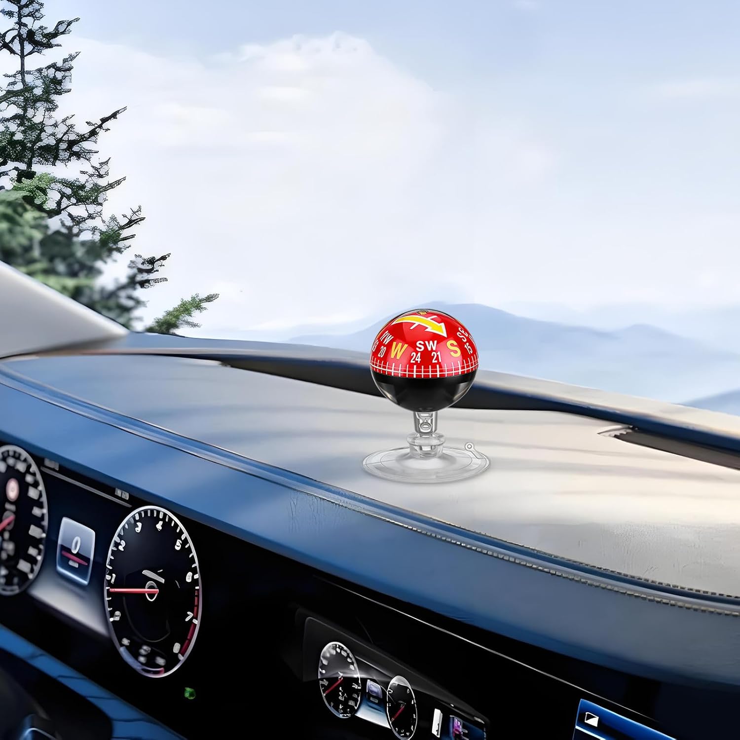 Car Dashboard Compass with 38mm Red Plastic Ball and Suction Cup, Portable Auto and Boat Navigation Compass for Outdoor Hiking, Vehicle Windshield Mountable Direction Finder