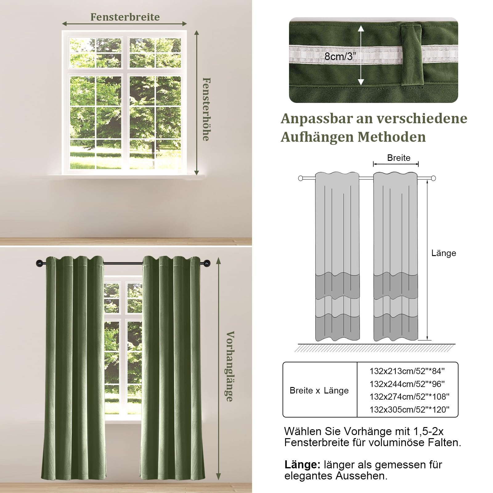 2er Set Samtvorhang Kräuselband, Schöne Samt Gardinen Verdunkelung Multifunktionsband, Thermogardine, Velvet Vorhang Flächenvorhänge Wohnzimmer, Schlafzimmer (H244xB132CM, Oliver Grün)