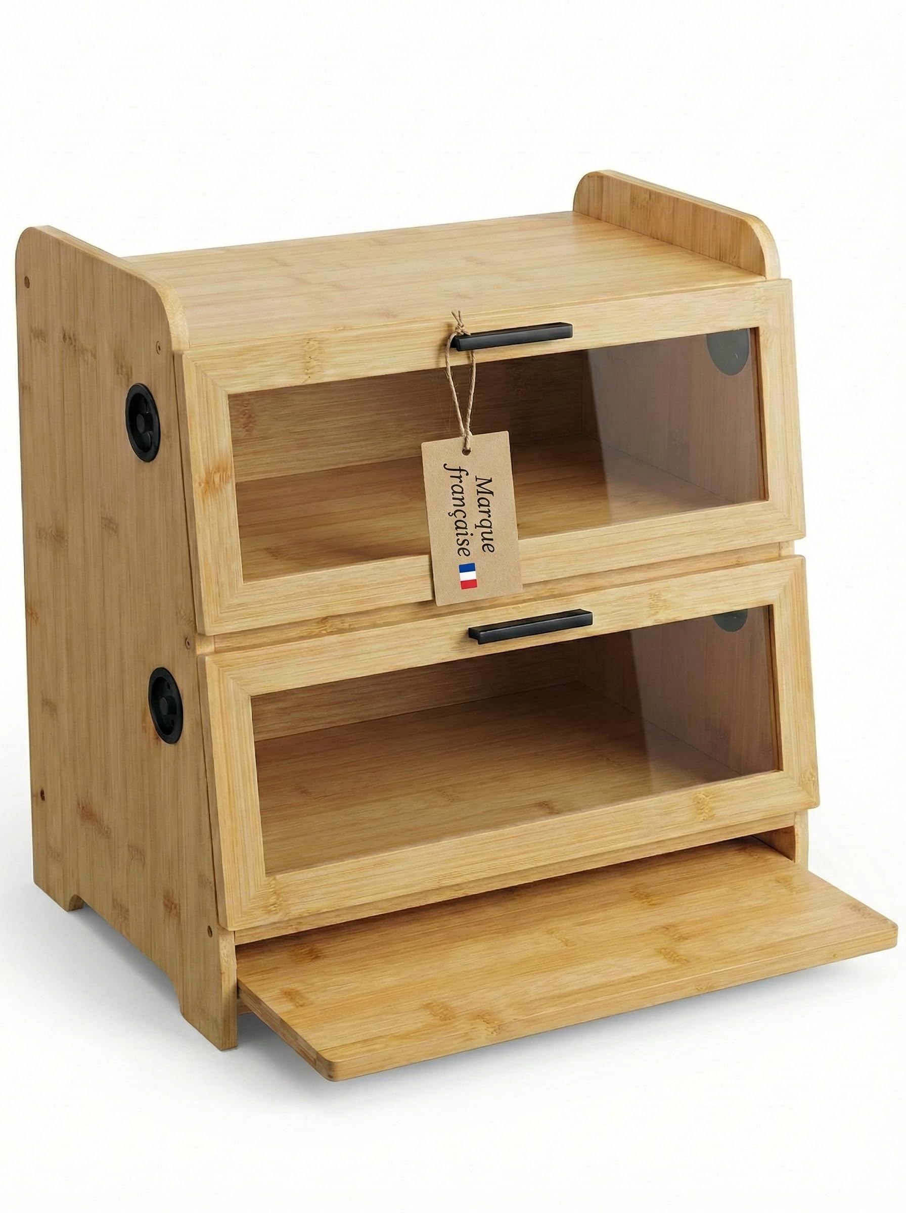 SWAYN - Caja de pan de bambú con certificación FSC - Hucha para pan de 2 pisos, ventilación ajustable para prolongar la frescura, tabla integrada, almacenamiento optimizado para conservación de pan
