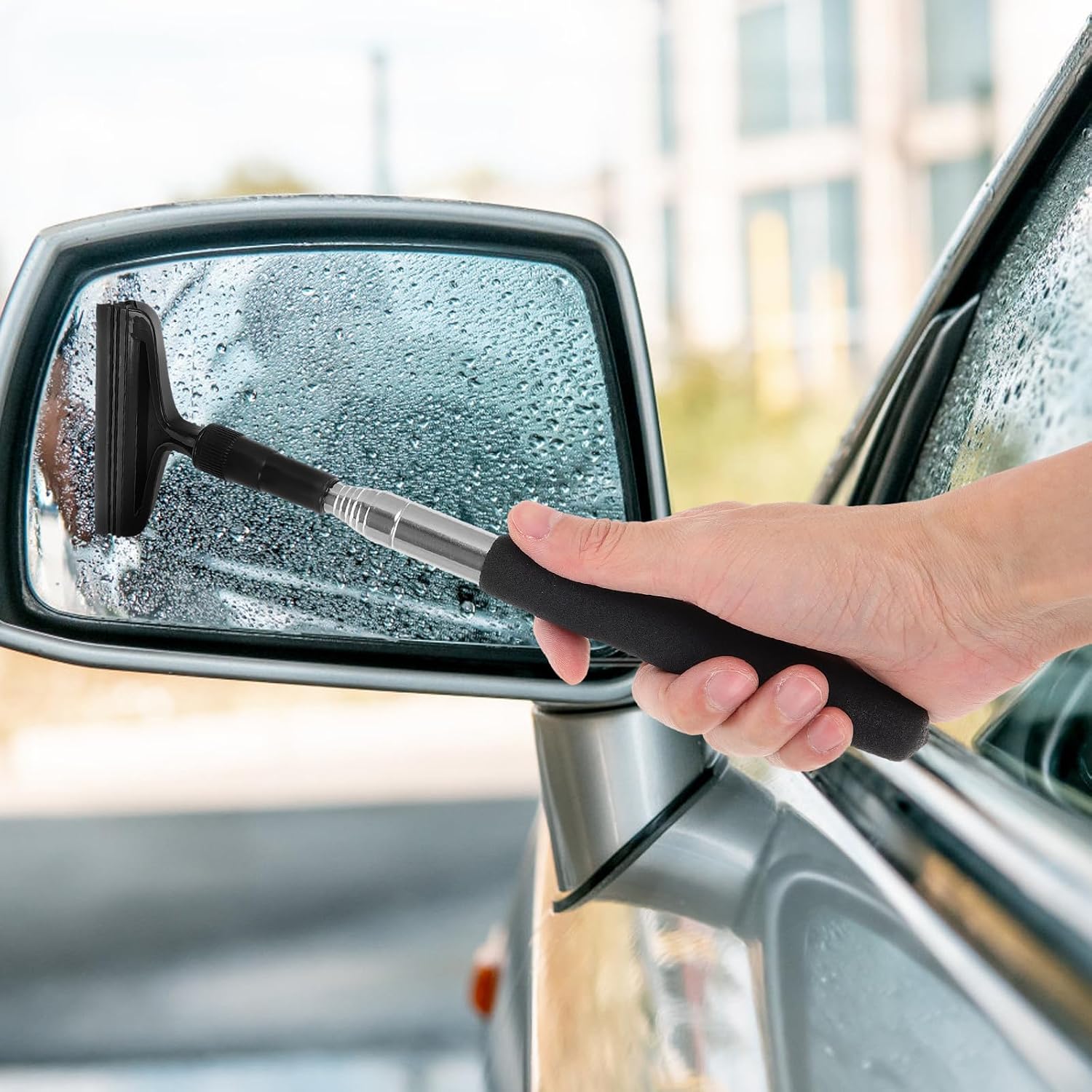 Ipetboom Retractable Car Rearview Mirror Wiper and Small Squeegee, Extendable Water Scraper Cleaner Tool for Side Mirror and Windshield, Multifunctional Automotive Glass Cleaner