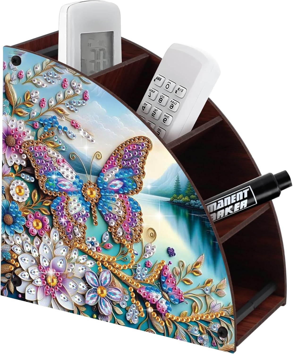 Diamond Painting Storage Box, DIY 5D Owl Design Multi-Compartment Wooden Tabletop Organizer, Diamond Art Storage Holder for Pens Makeup Brushes Remotes Office Supplies Desktop Decoration