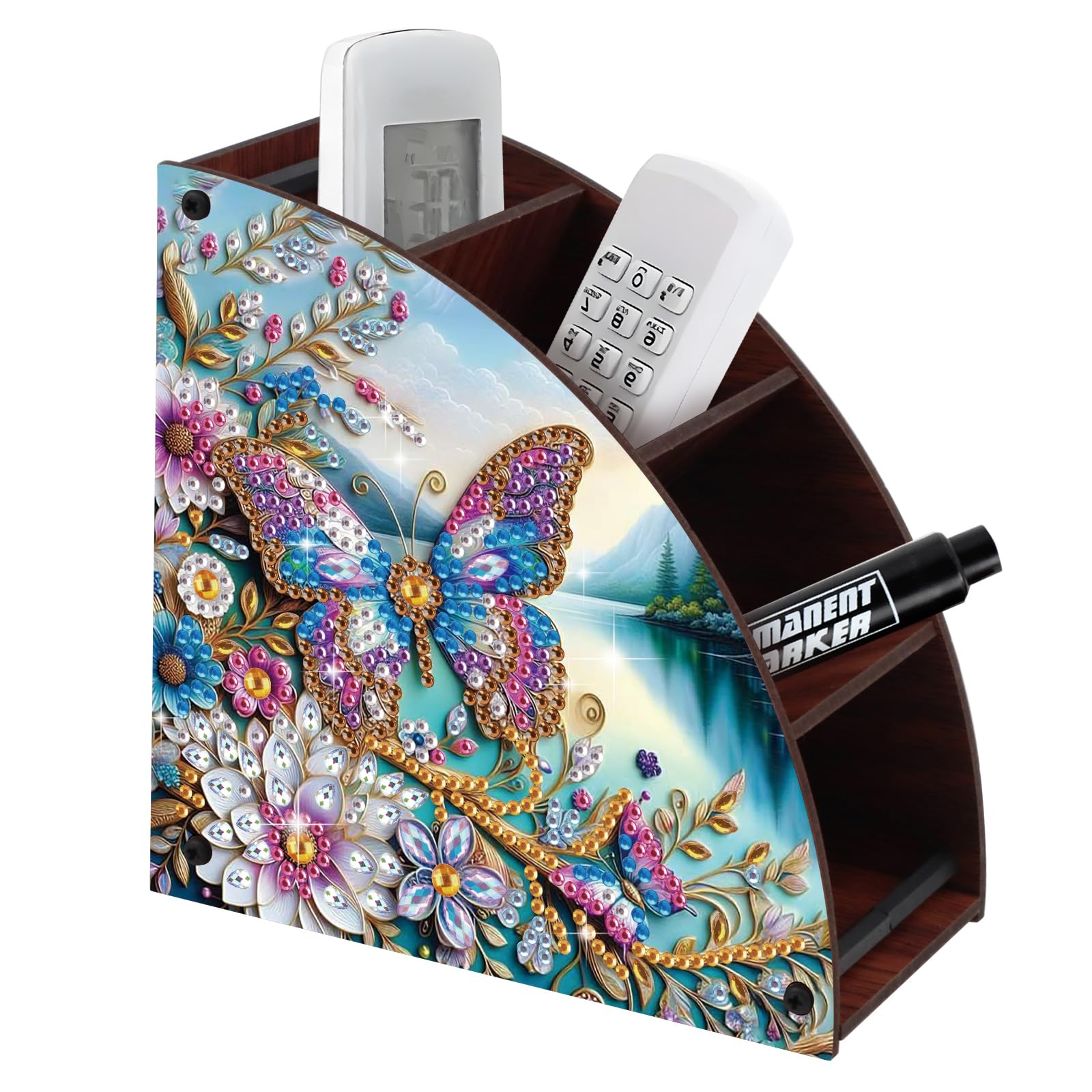 Elegant Butterfly &amp; Floral Diamond Painting Storage Box – Curved Multi-Compartment Wooden Organizer with DIY Diamond Art Decoration for Adults