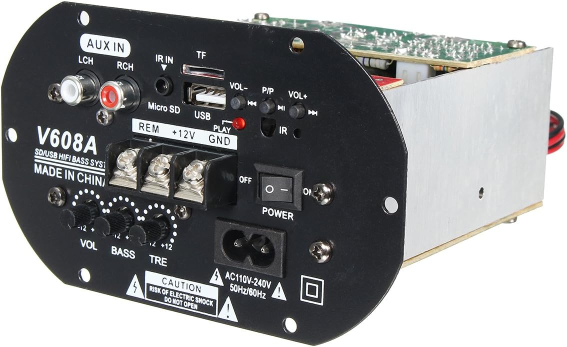 V608A Scheda Amplificatore Subwoofer 80W Hi-Fi Per Auto - Ingressi TF/USB/AUX, Telecomando