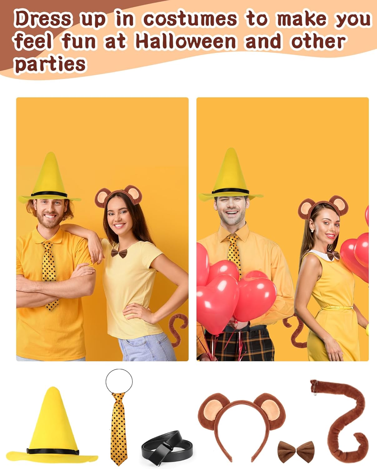 6 PCS Halloween Costume Set Yellow Hat, Polka Dot Tie, Monkey Ears Headband, Tail, Belt & Bow Tie Ideal for Halloween Cosplay Parties - Image 7