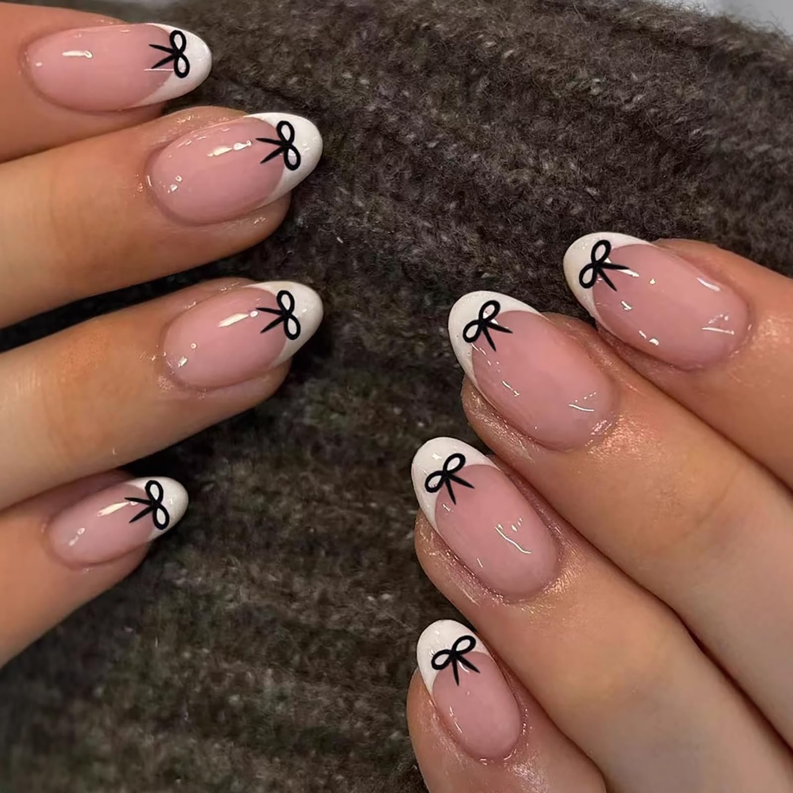 24Pcs Short False Nails with Glue, Gush Beauty Nails, Press On Nails, French Tip Almond Stick On Nails, Black Bow-Tie Nude Full Cover Nail Tips for Women Girls Long Last-image-37