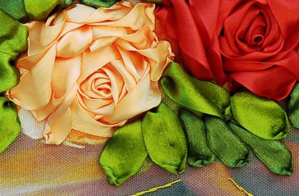 Aureate Handmade Ribbon Embroidery Kits Canvas 3D Wall Art Home Decoration DIY Needlepoint Tapestry Hanging Gift Blossom Rose Love 20"×33"