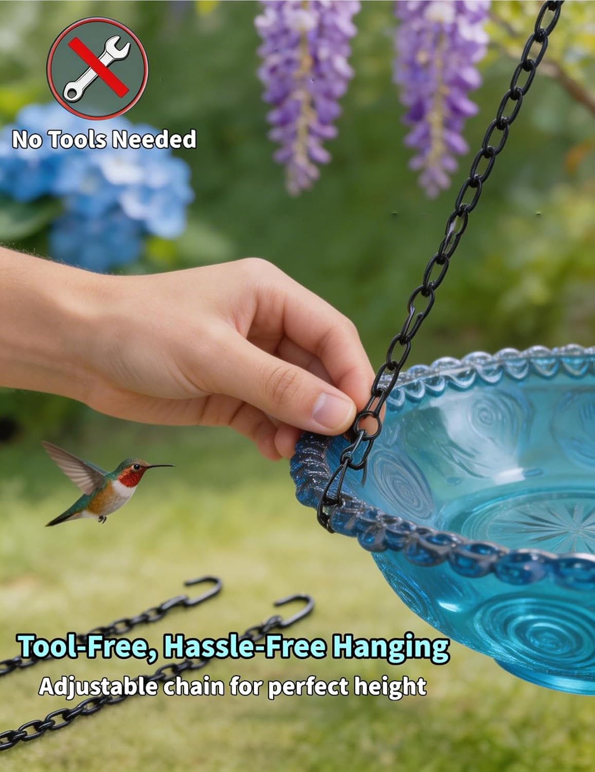 Hanging Bird Bath with Solar Fountain, 9.25" Double Layer Outdoor Birdbath Fountain, Hummingbird Birdbath Fountain for Patio, Yard, Garden Decoration