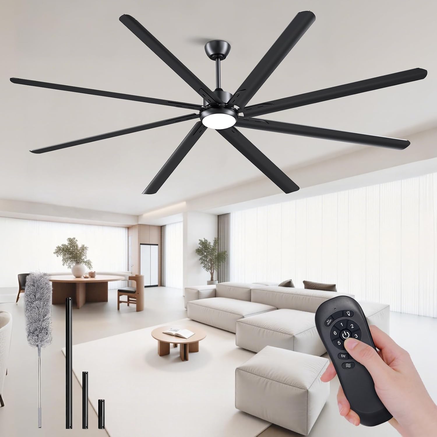 96 Inch Industrial Ceiling Fans with Lights 3CCT,Large Ceiling Fan DC Motor Quiet,Garage Ceiling Fan 1-6 Wind Speeds Reversible,8 Aluminum Blades ,Indoor/Outdoor Ceiling Fans for Patios,Black (Black)