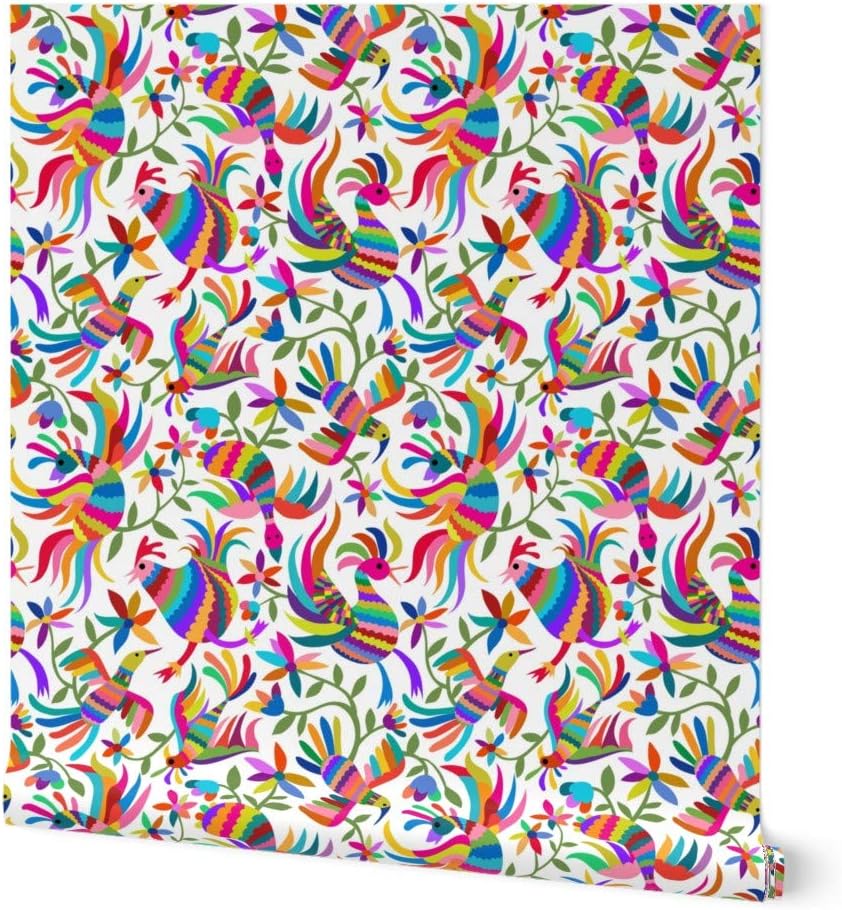 Peel & Stick Wallpaper Swatch - Flying Otomi Birds Mexican Folk Art Chicken Fiesta Animals Air Custom Removable Wallpaper by Spoonflower
