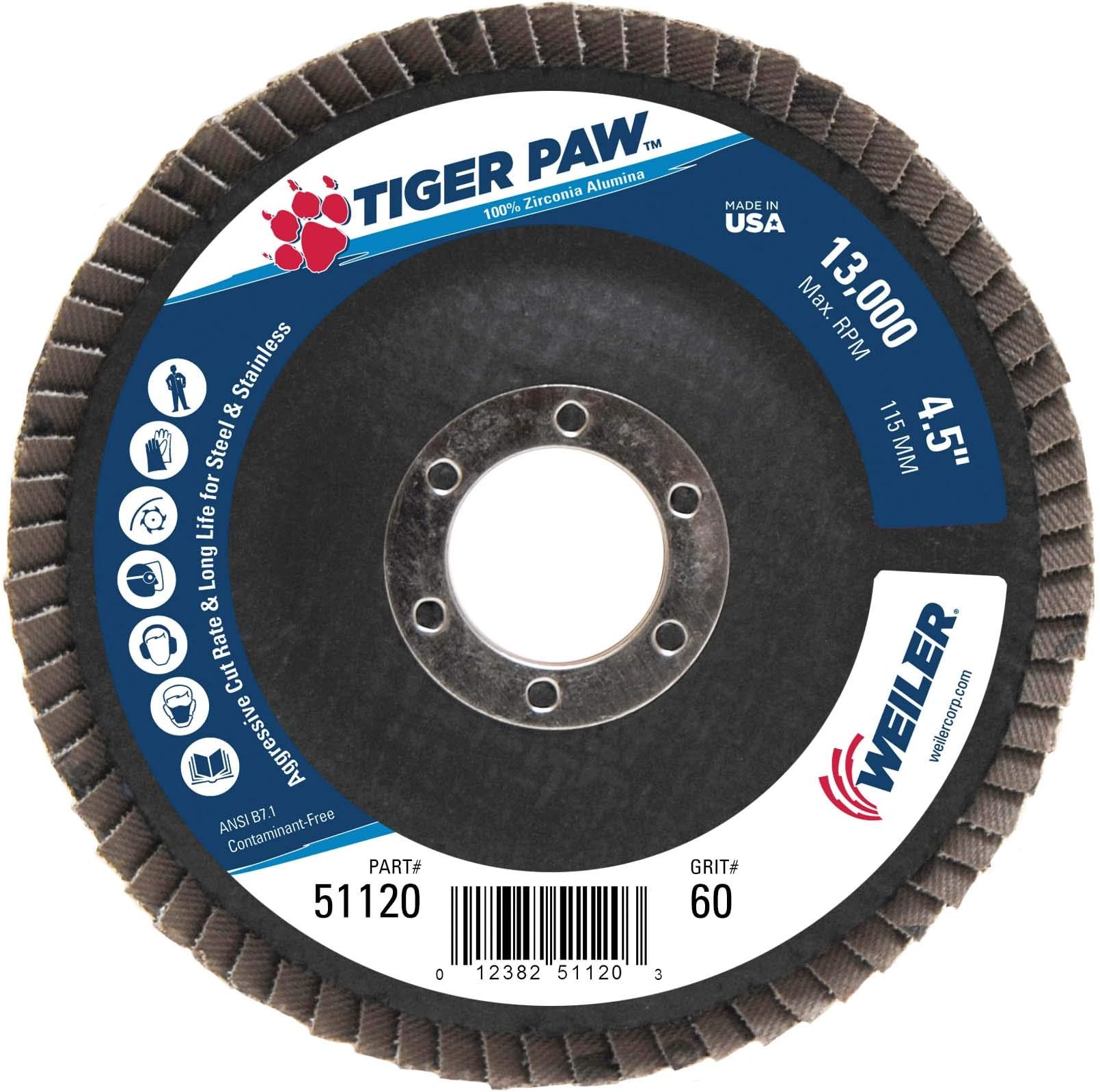 Weiler 51120 4-1/2" Tiger Paw Abrasive Flap Disc, Angled (Ty29), Phenolic Backing, 60Z, 7/8" Arbor Hole (Pack of 10)