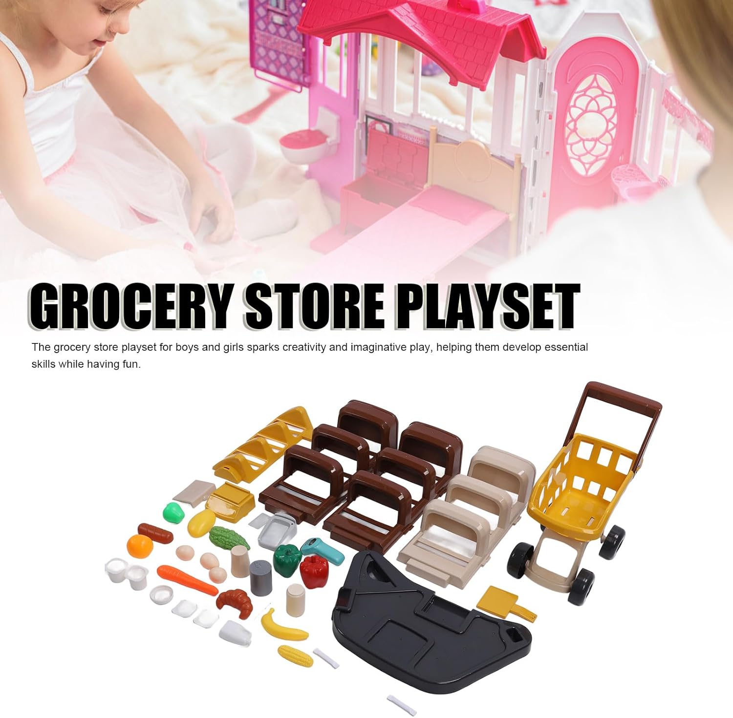 Kids Supermarket Set, Cash Supermarket Playset Cart for Kids with Food Fruit Vegetables, Shopping Cart Trolley Toy Food Grocery Store Playset Toys Accessories