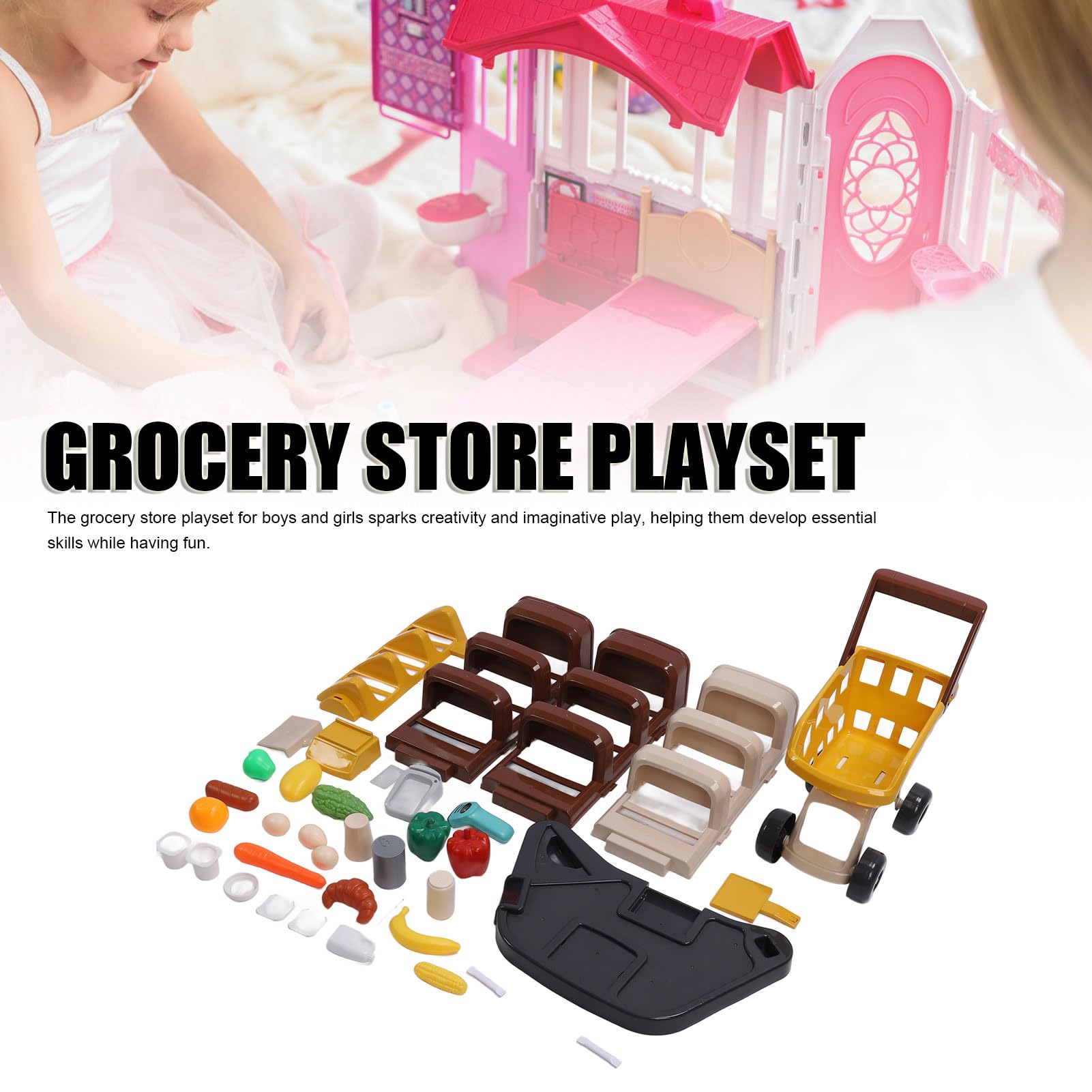 Alomejor Set da Gioco per il Negozio di Alimentari per Bambini, con Scanner Funzionante e Registratore di Cassa per il Carrello della spesa. Gioca a Giocattoli Alimentari
