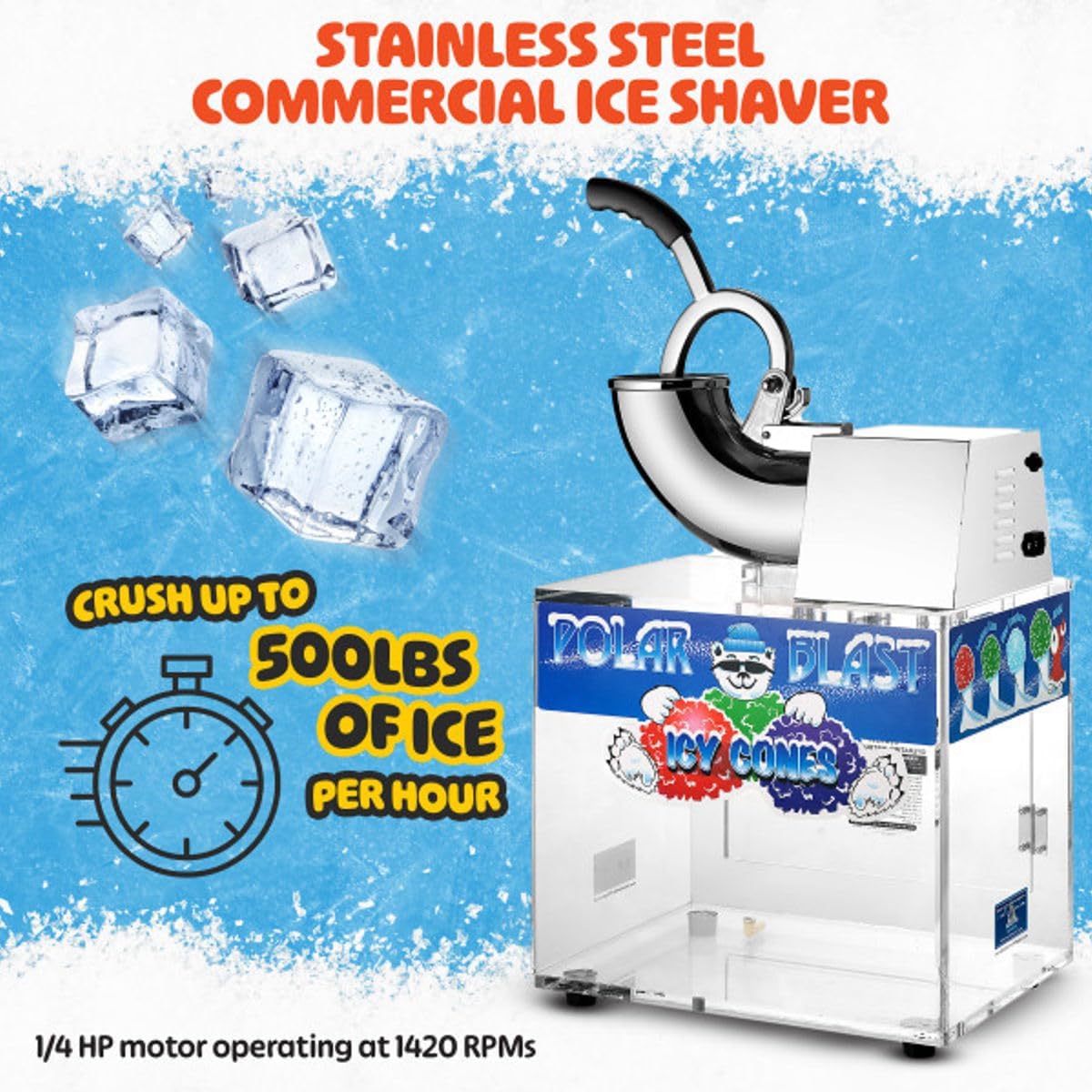 Polar Blast Snow Cone Machine - Acrylic Crushed Ice Maker Grinds Up to 500lbs of Ice Per Hour for Parties, Events, and More by Great Northern Popcorn