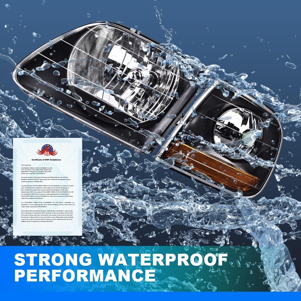 DOTCOM Headlights Assembly Compatible with Ford F150 1997-2004, Fit F250 1997-1999, Fit Expedition 1997-2002 Headlamps w/Corner Lamps,FO2502182 FO2503182 Clear lens Black Housing Amber Reflector