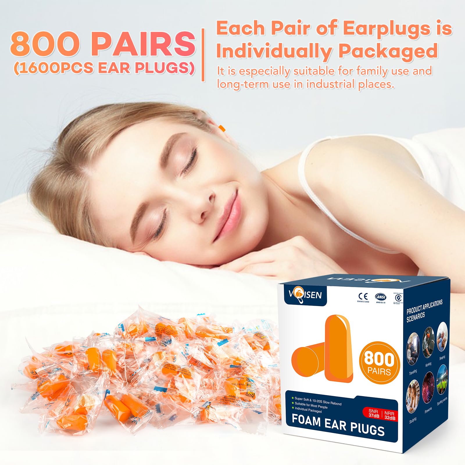 VOISEN Ohrstöpsel, 800 Paar, Ohrstöpsel zum Schlafen, 32 dB NRR 37 dB SNR, Geräuschunterdrückung für Schnarchen, Lernen, laute Veranstaltungen, Reisen und Konzerte, Einzelpaket