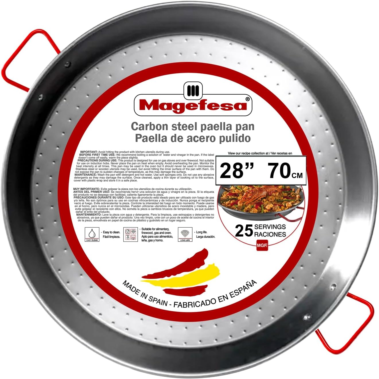 Magefesa 28" Carbon Steel Paella Pan – 70 cm - 25 Servings, Durable & Lightweight with Dimpled Surface, Ideal for Outdoor Cooking & Traditional Valencian Paella