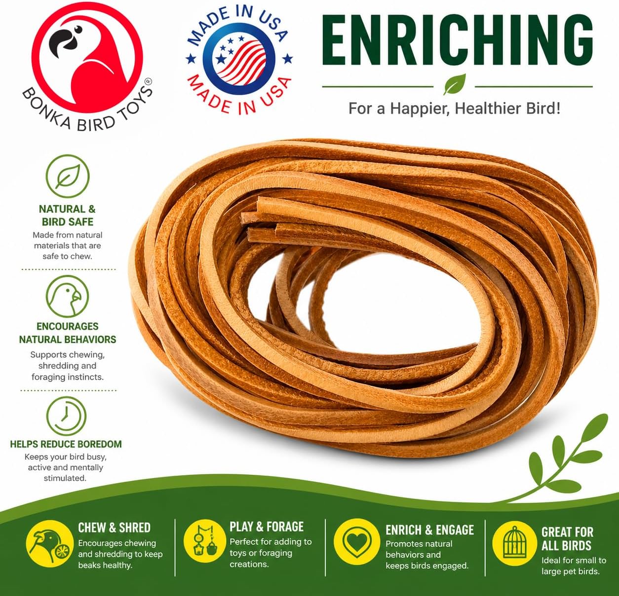 Bonka Bird Toys 2003 Pk6 48" Natural Leather Strips for All Birds