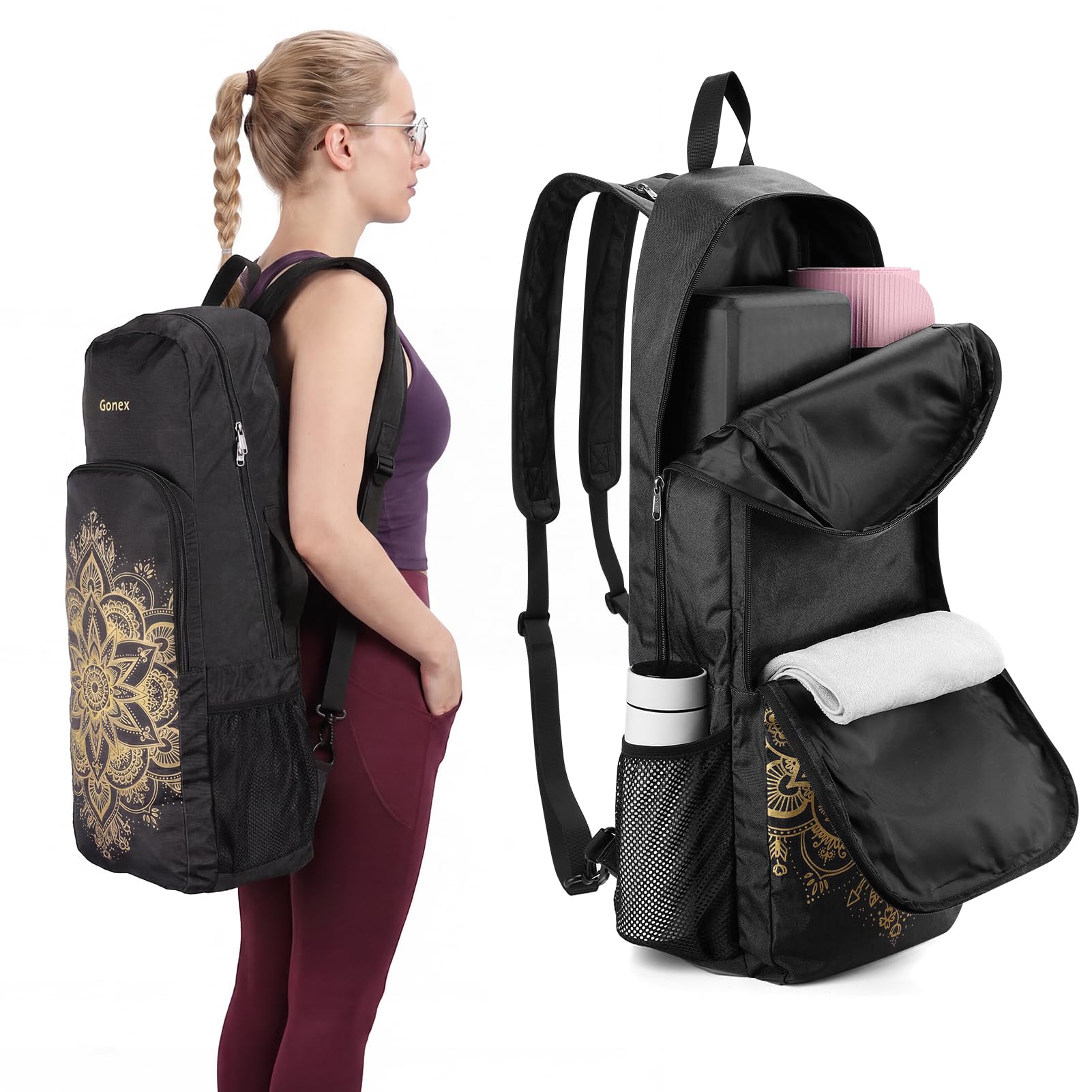 Gonex Sac de Yoga avec Portage 2 Façons, Sac à Dos Yoga Grande Capacité avec Compartiment Humide et Fermetures Éclair Métal, Sac à Dos Yoga pour Tapis de Yoga, Fitness et Voyage