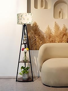 Crosscut Furniture Metal - Printed Series Tripod Floor Lamp with 3 Shelves, LED Bulb Included (Farm Petal), White Price In India
