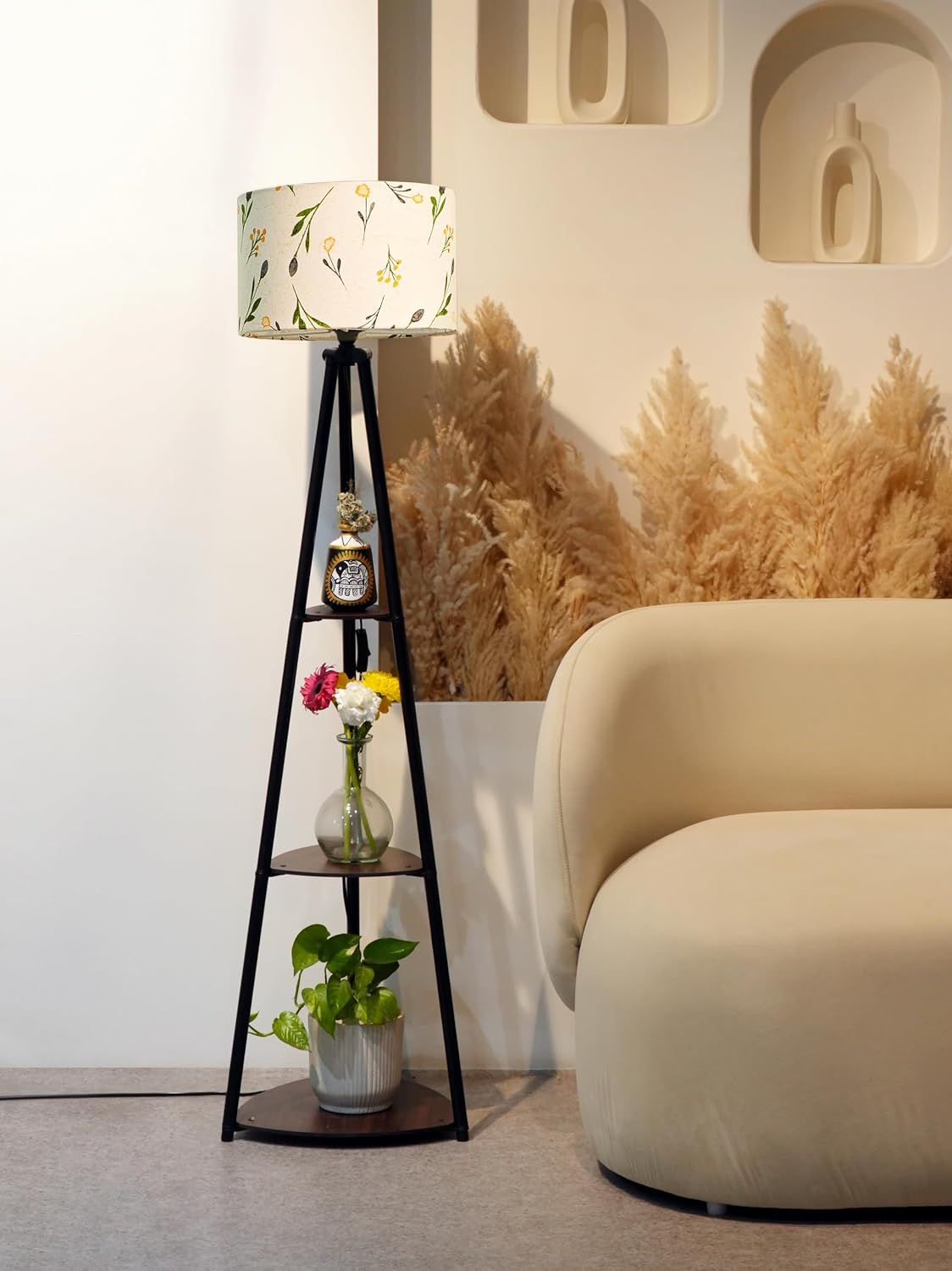 Crosscut Furniture Metal - Printed Series Tripod Floor Lamp with 3 Shelves, LED Bulb Included (Farm Petal), White