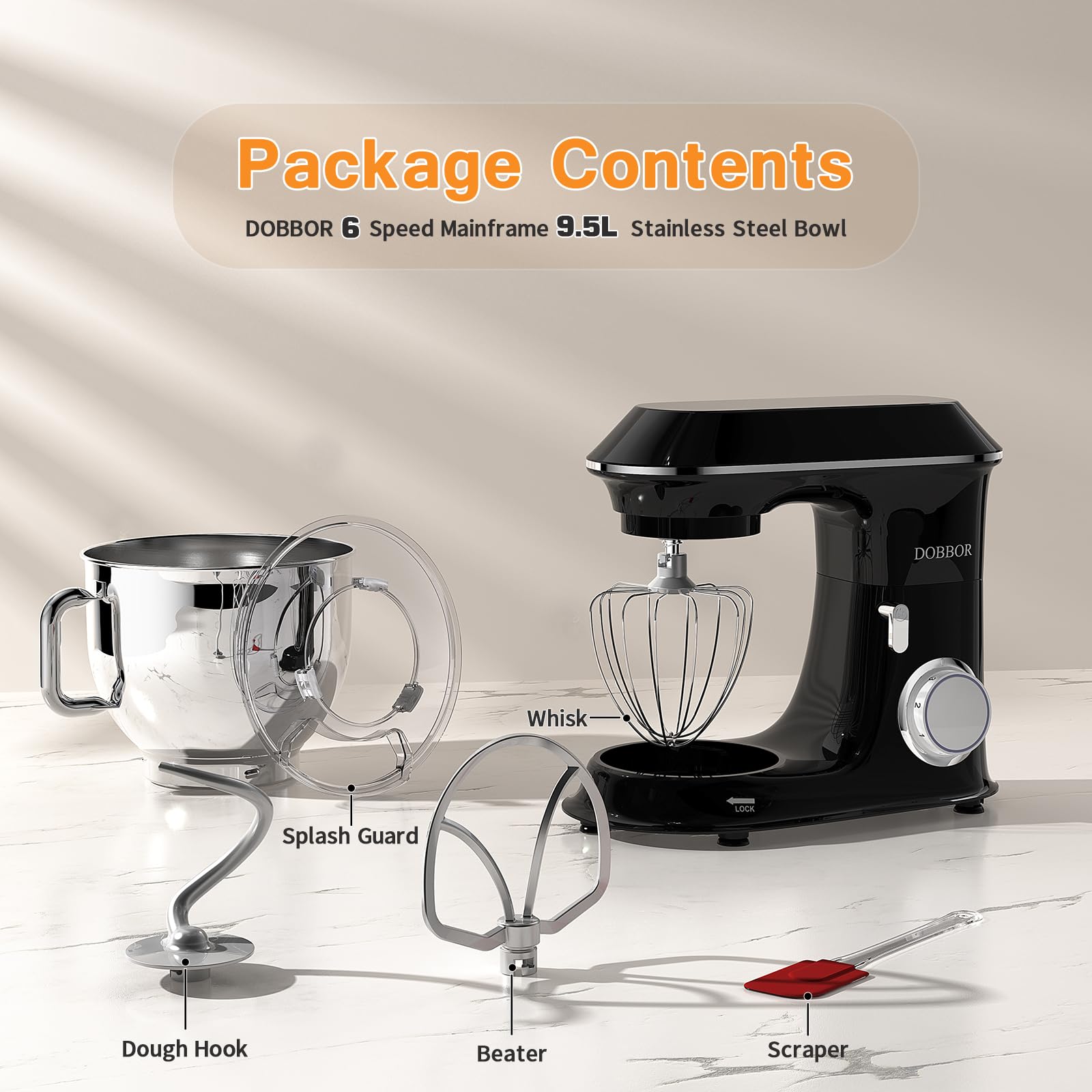 Pâtissier, DOBBOR 1500W Robot Batteur Patisserie avec Fouet, Batteur, Crochet, Bol d'Acier Inoxydable, 7 Vitesses Faible Bruit Patisserie Électrique, Compatible Lave-vaisselle (Noir) (Black)