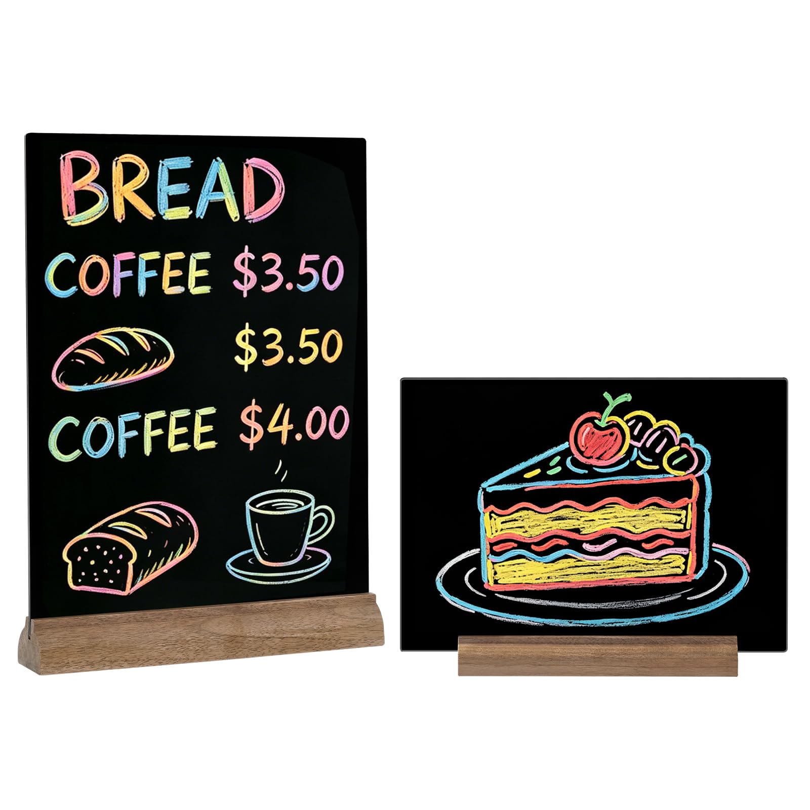 4 Piezas Pizarra Negra A4 Acrílico 3mm con Base Madera, Doble Cara Lisa/Rugosa, Horizontal/Vertical, Borrable Paño Húmedo, Cartel Mesa para Bar Restaurante Tienda