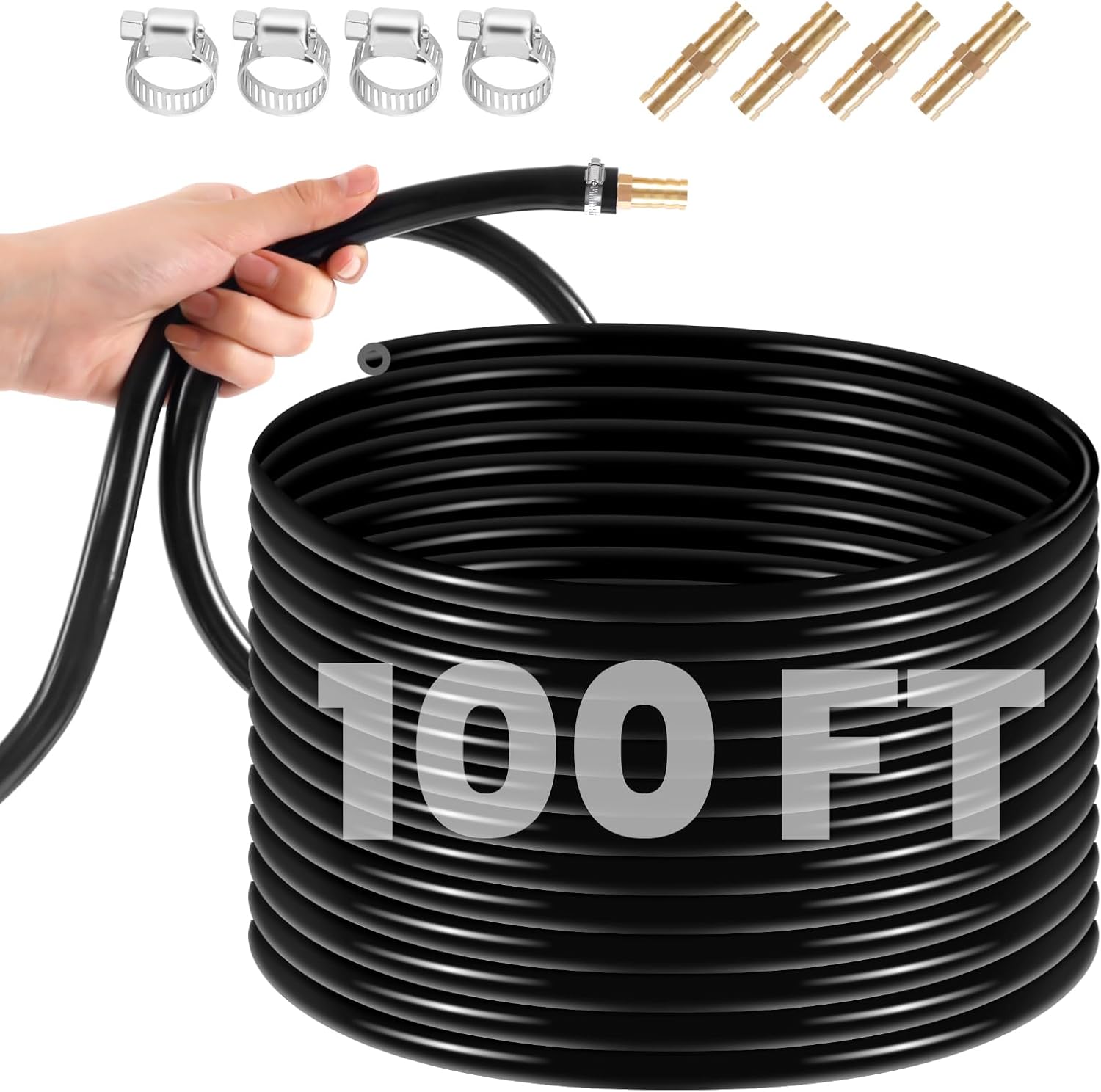 3/8 Inch Self Sinking Aeration Hose for Aquaculture Fountain Irrigation Aerator Hose Kit with 4 Menders and 4 Stainless Steel Clamps (100 FT)