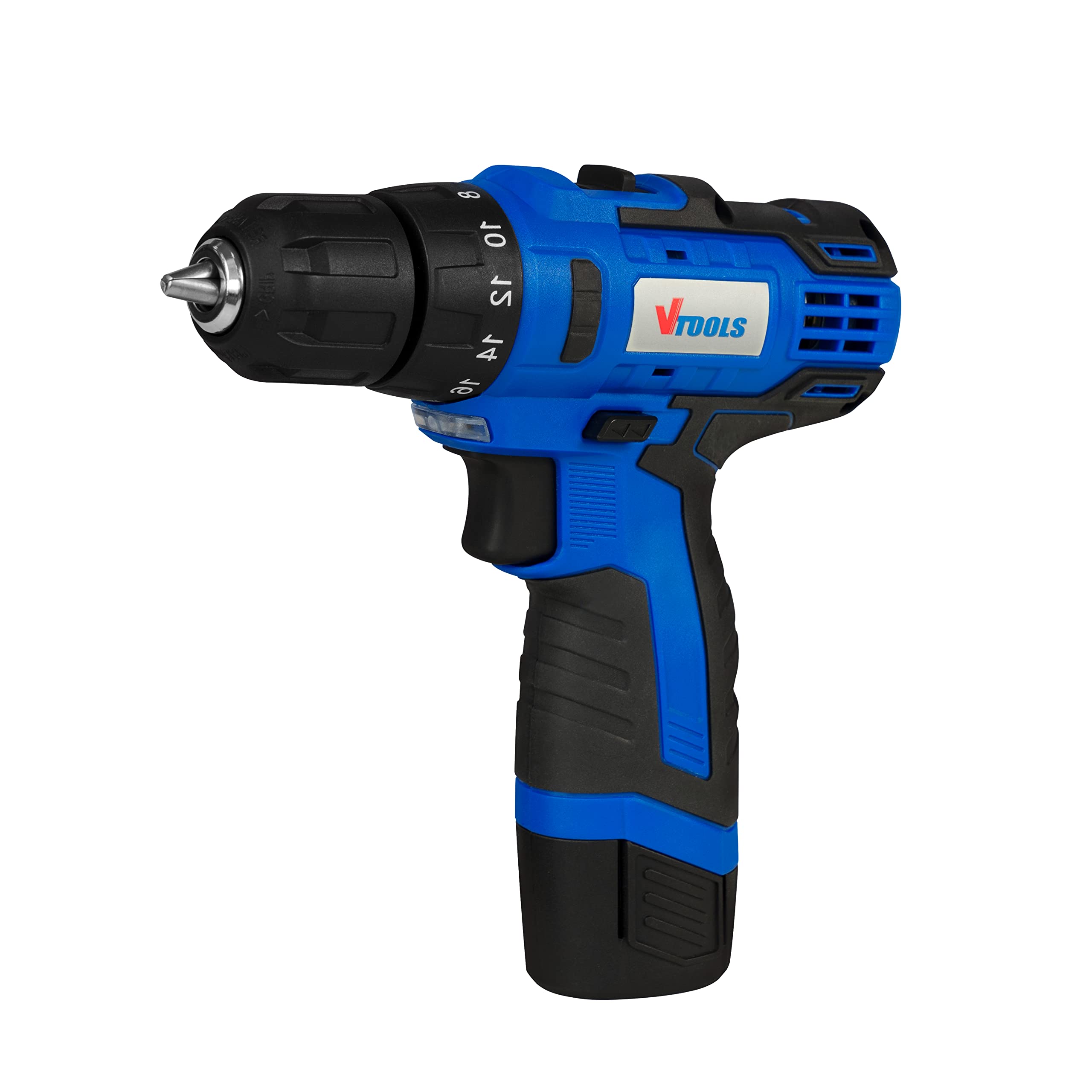 VTOOLS 12V Cordless Drill Driver With 1.5 Ah Lithium-Ion Battery, 1 Charger, 2-Variable Speed, 10mm Chuck, Built-In Led Light, And Soft Grip Handle, Blue, VT1202