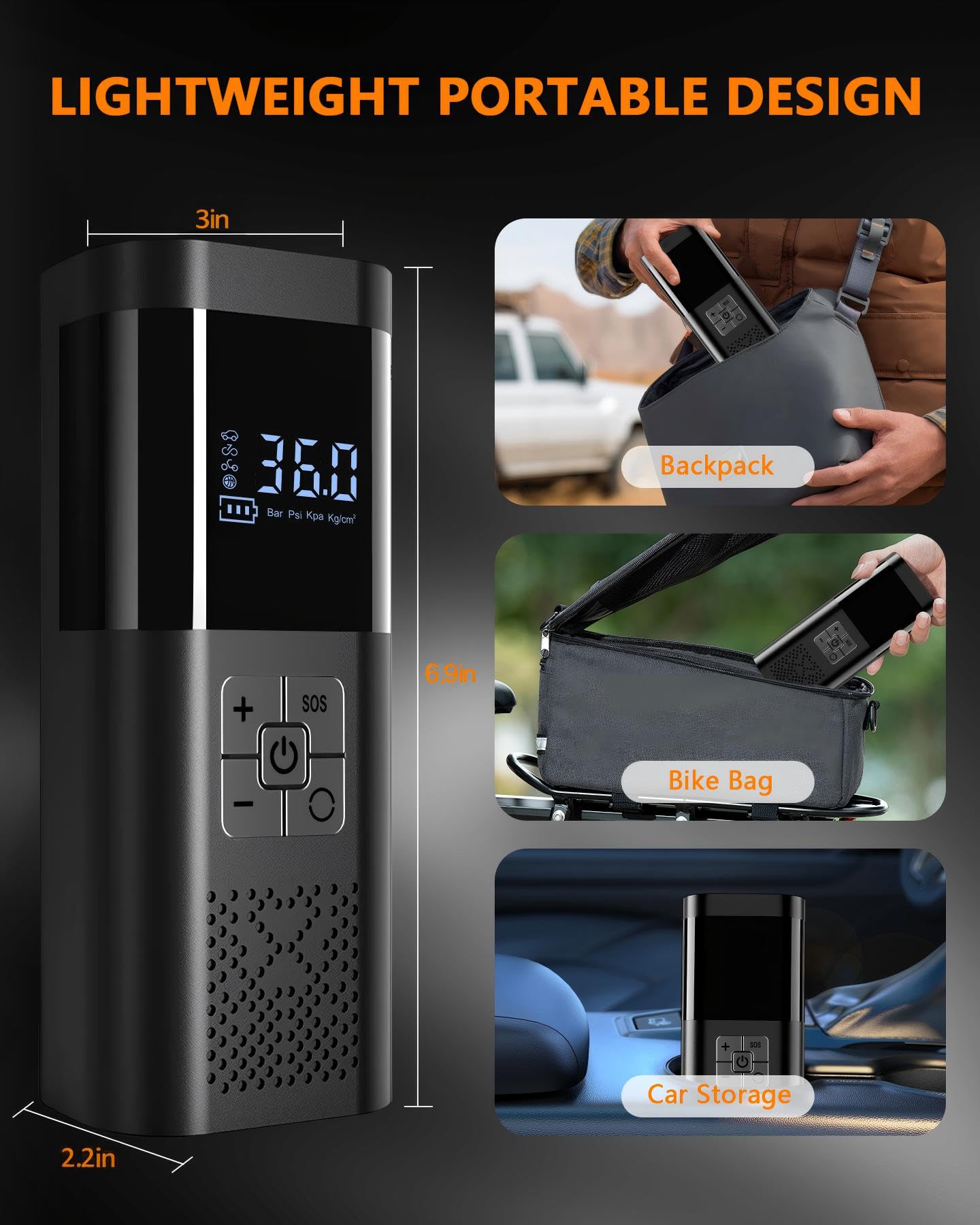 SERVOMASTER Tyre Infator Air Compressor, Rechargeable Air Compressor with Pressure Gauge, Electric Bike Pump Battery 150PSI, Portable Car Tyre Pump with LED for Car Bicycle Motorbike Ball — view 6