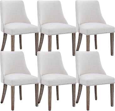Mid Century Modern Dining Chairs Set of 6 Farmhouse Accent Chairs Upholstered Linen Fabric Side Chair for Living Room/Dining Room/Bedroom, Cream