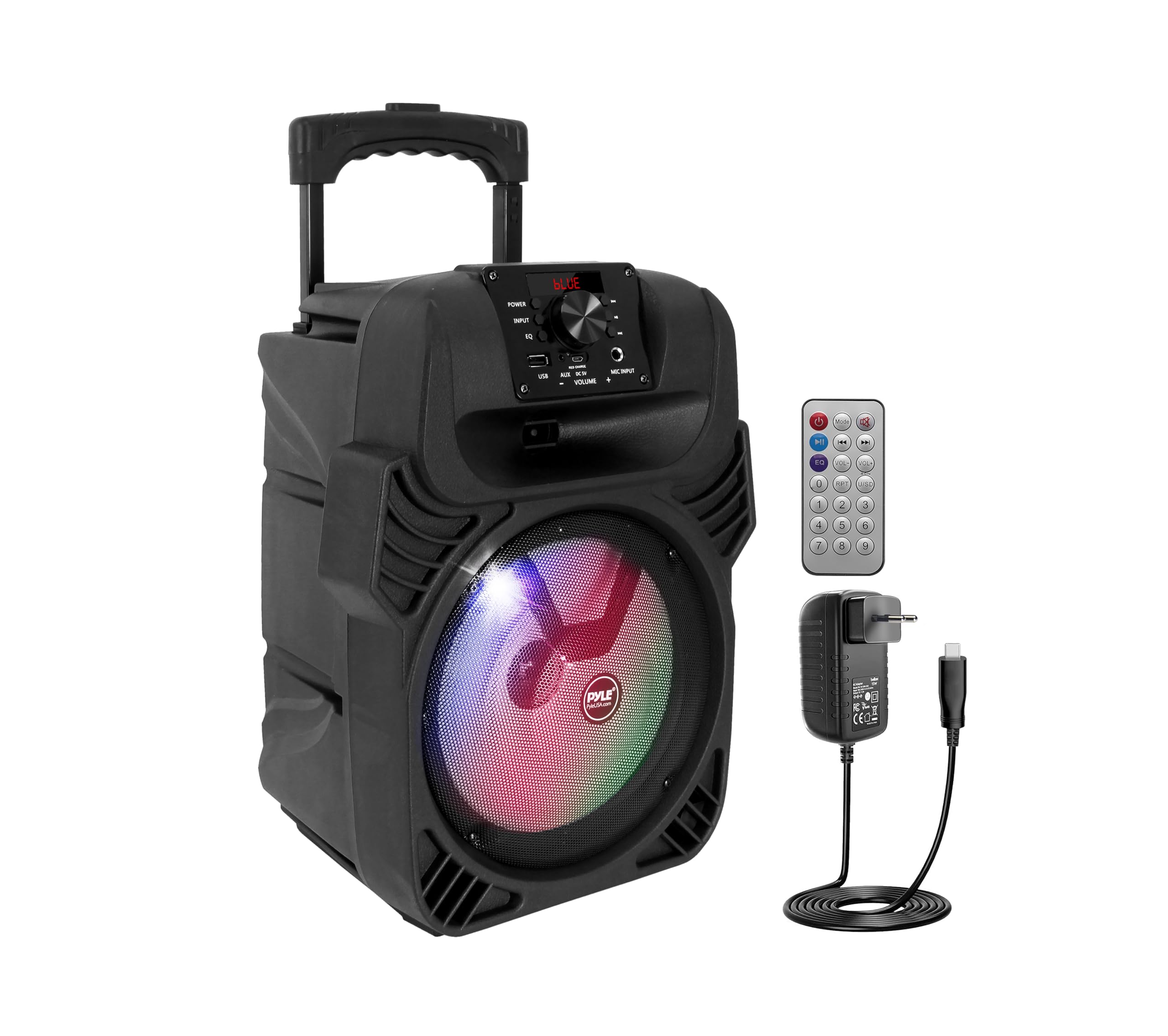 Pyle PPHP844B Altavoz Bluetooth portátil Woofer de 8" con lector USB/MP3/FM Radio y luces